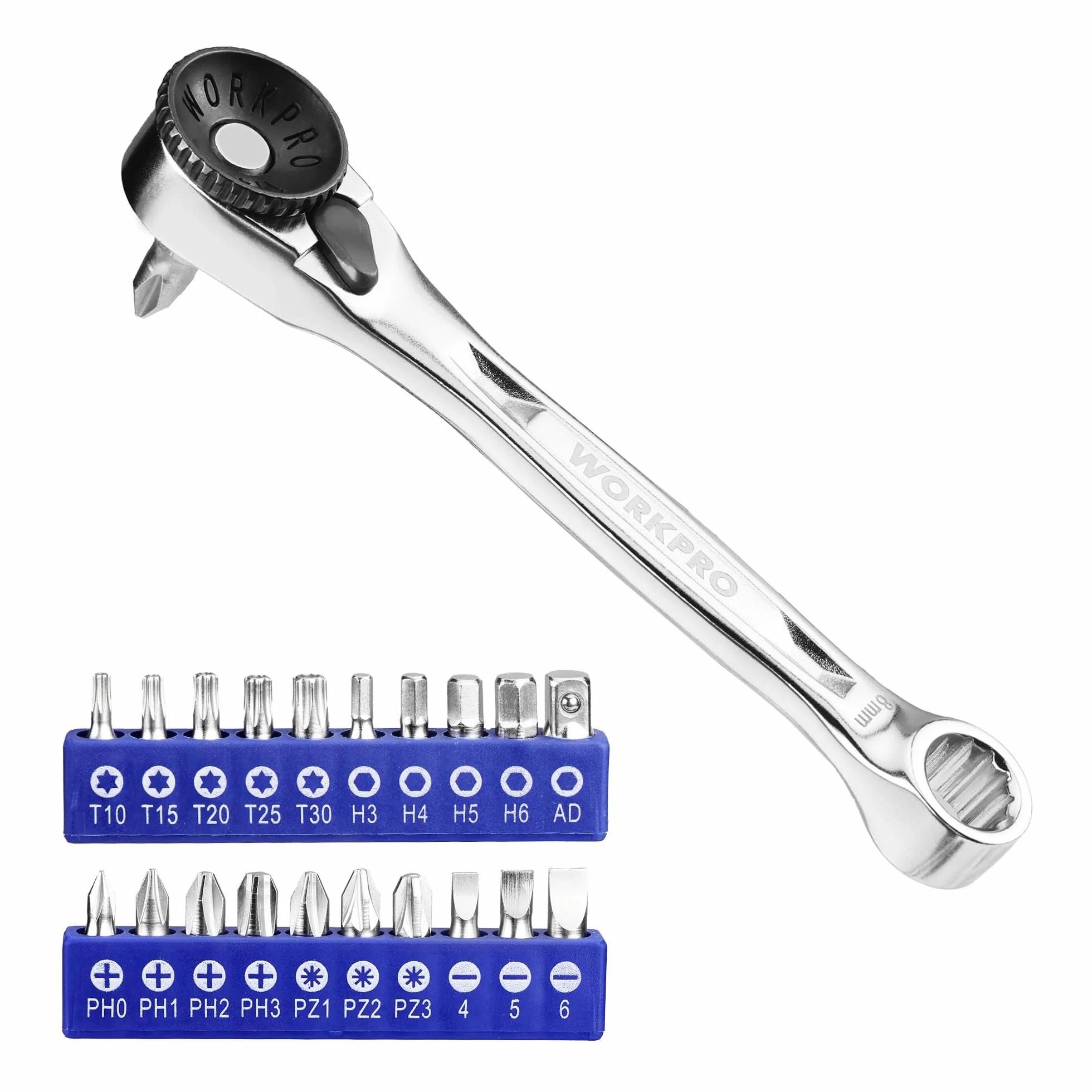 WORKPRO 21-częściowy zestaw mini kluczy grzechotkowych 1/10.2 cm z podwójnym zakończeniem zawiera 19-częściowy śrubokręt i 1-częściowy adapter, 72-zębowy klucz nasadowy z odwracalnym przełącznikiem