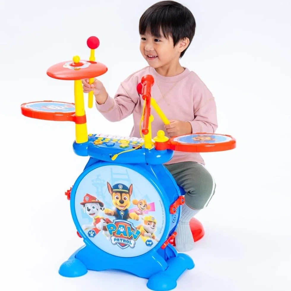 Lexibook K610PA Paw Patrol Chase Elektroniczny Zestaw dla Dzieci, Muzyczna Zabawka, Realistyczny Dźwięk Perkusji, 8-Klawiszowa Klawiatura, Wtyczka Mp3, Siedzisko w Zestawie, Niebieski, Czerwony