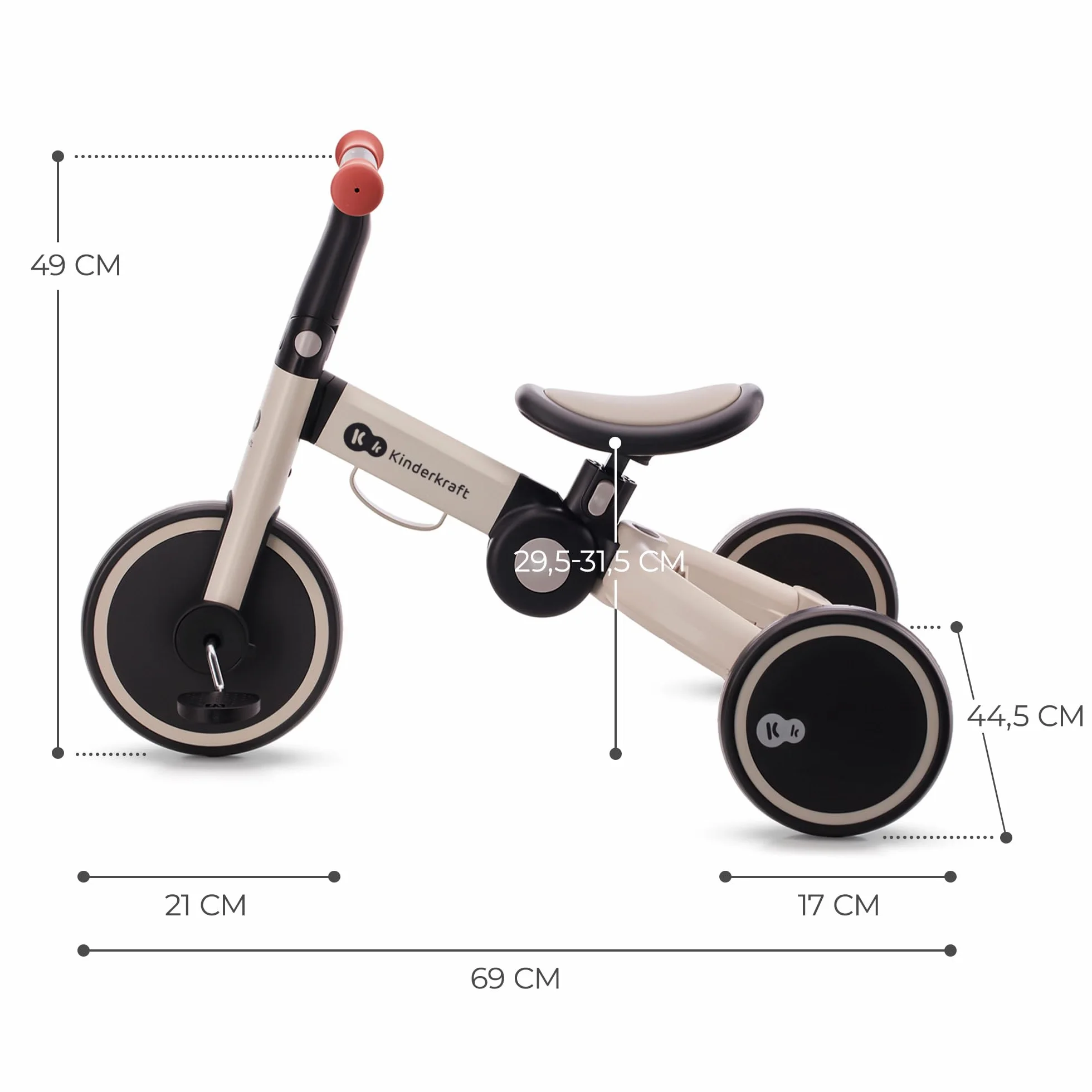 kk Kinderkraft 4TRIKE Trójkołowiec 3w1, Rowerek Biegowy, Pchacz, Wielofunkcyjny, Bezpieczny, Regulowane Siodełko, Szary