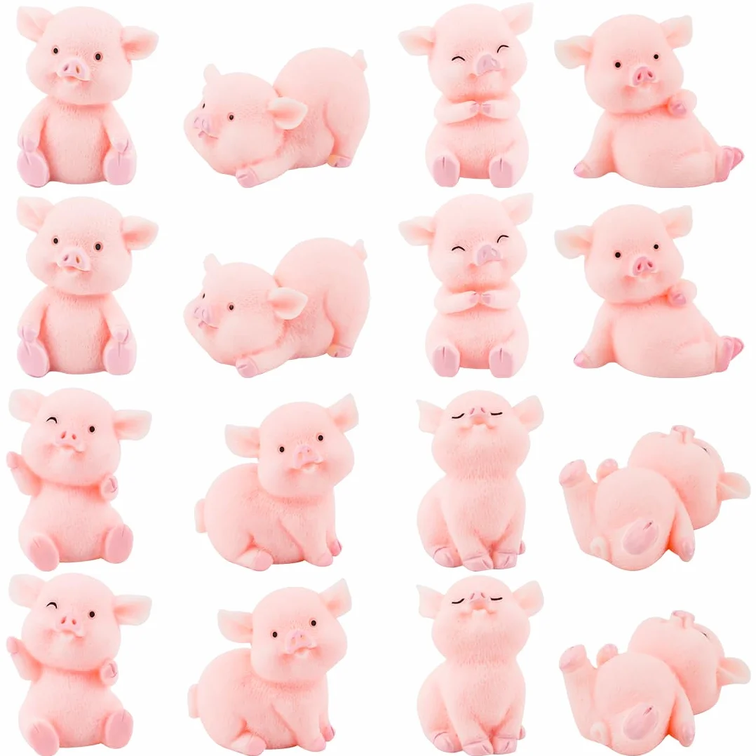 Cadimus 16 sztuk różowych figur świń szczęścia, małe świnki szczęścia, miniaturowa dekoracja świń, przynoszące szczęście świnki z żywicy na Sylwestra dla robótek ręcznych DIY, ozdoby ciast, dekoracja