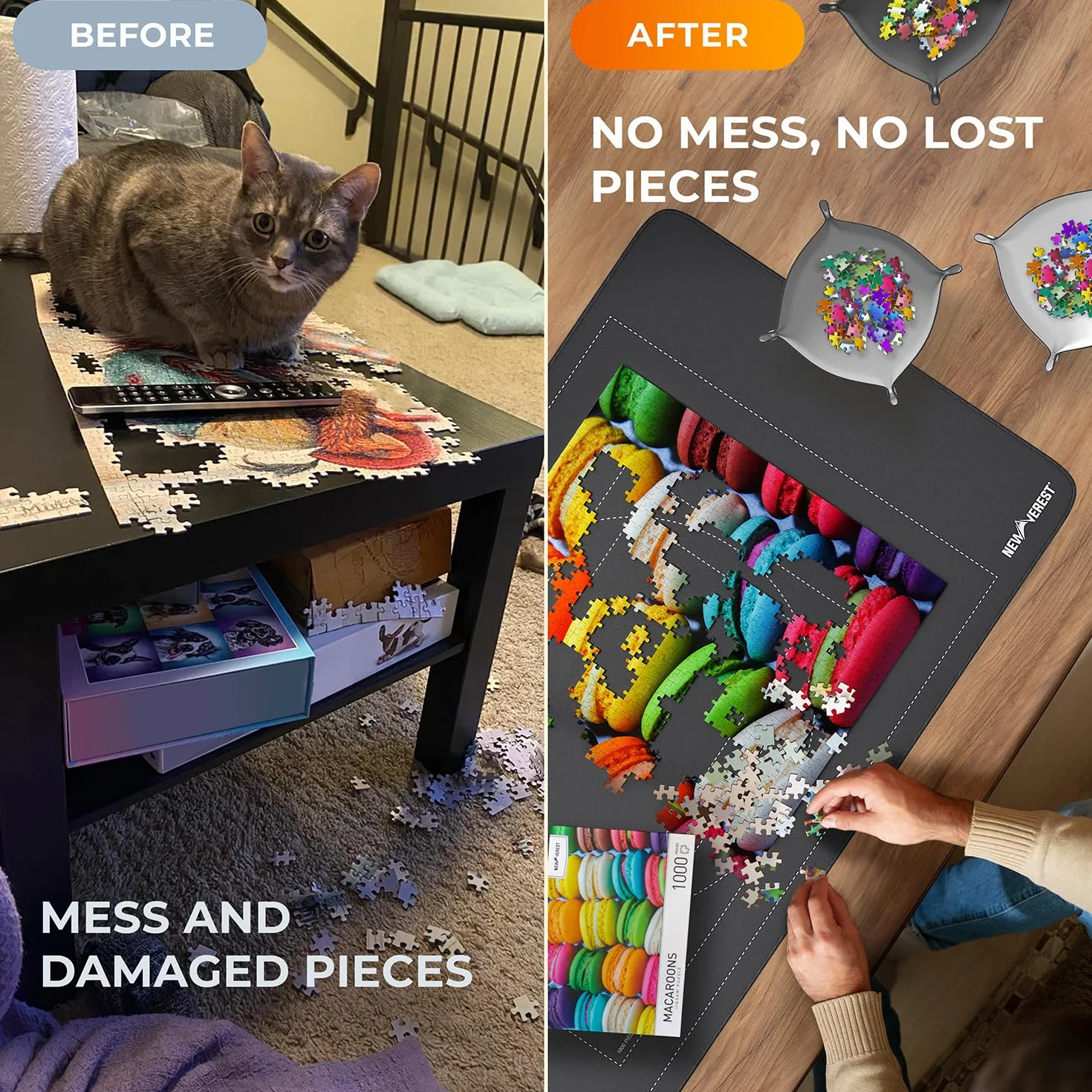 Oryginalna mata do puzzli Newverest zwijana, przenośna podkładka oszczędzająca z antypoślizgowym gumowym spodem i gładką górą, 3 tacami do sortowania puzzli i przyjazną w podróży torbą do