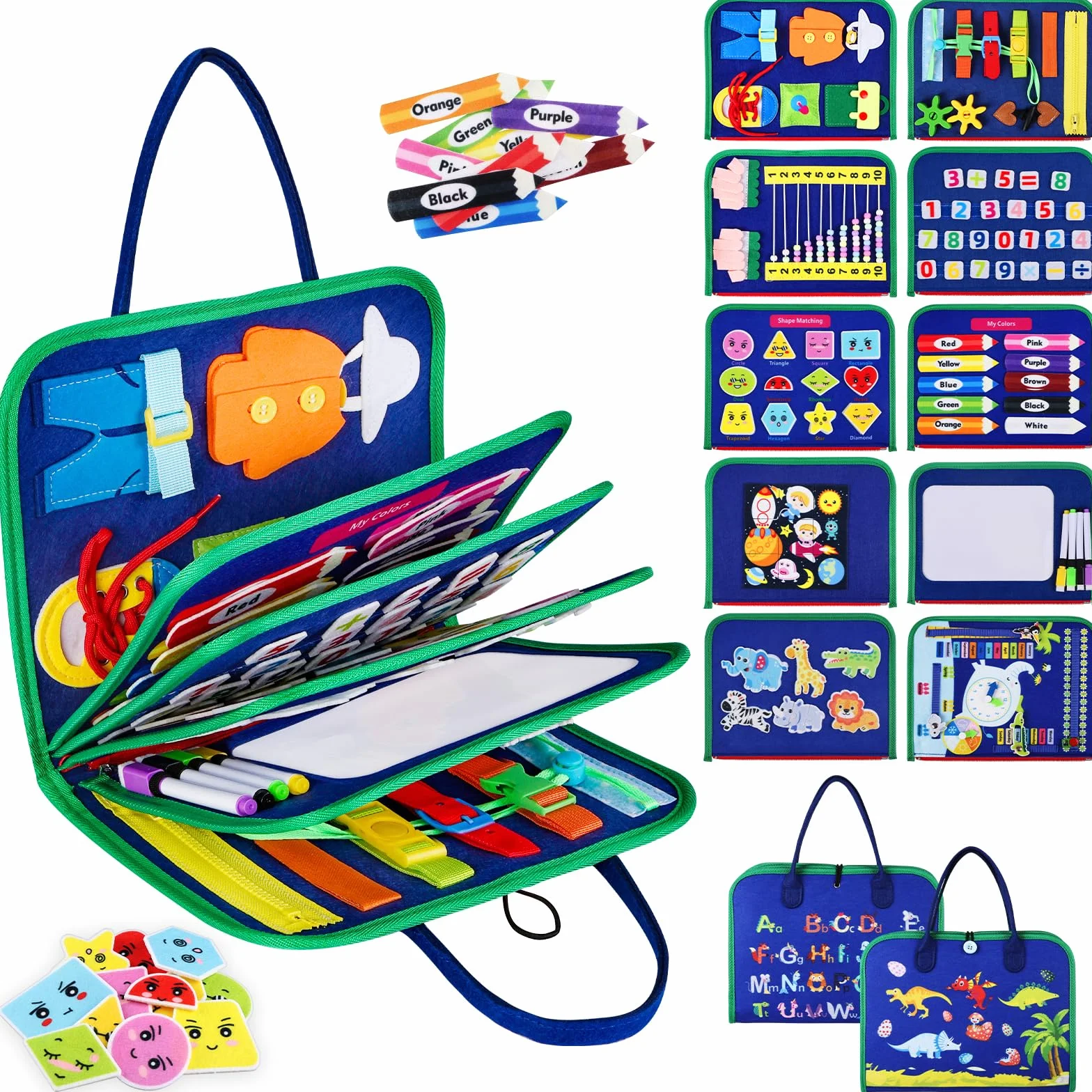 Busy Board Montessori zabawka edukacyjna dla dzieci 1, 2, 3, 4 lata, 10 w 1, zabawki edukacyjne, zabawki rozwojowe, zabawki podróżne dla dzieci, prezent dla chłopca, dziewczynki, niebieska