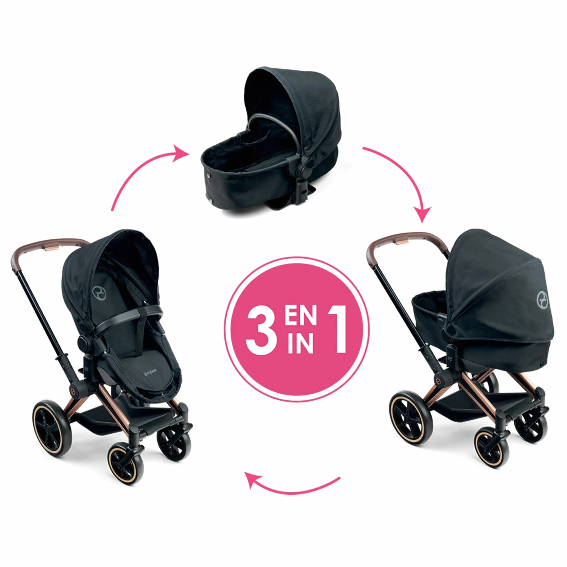 Corolle - 9000141870 - Wózek dziecięcy 3 w 1 Cybex, czarny, akcesoria, dla ośmiornic 36 i 42 cm, od 3 lat