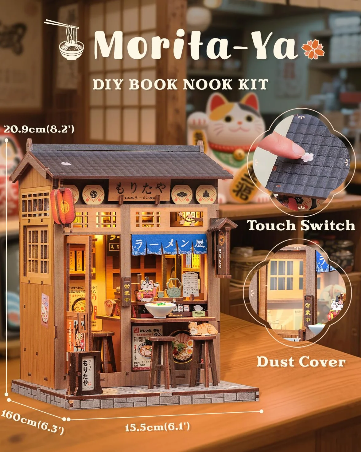 CUTEBEE Book Nook Kit-Domek dla Lalek dla Dorosłych,Przytulna Japońska Noodle Bar,DIY Miniaturowy Dom z Oświetleniem LED,Deko na Półkę,Idealny Prezent (Morita-Ya)