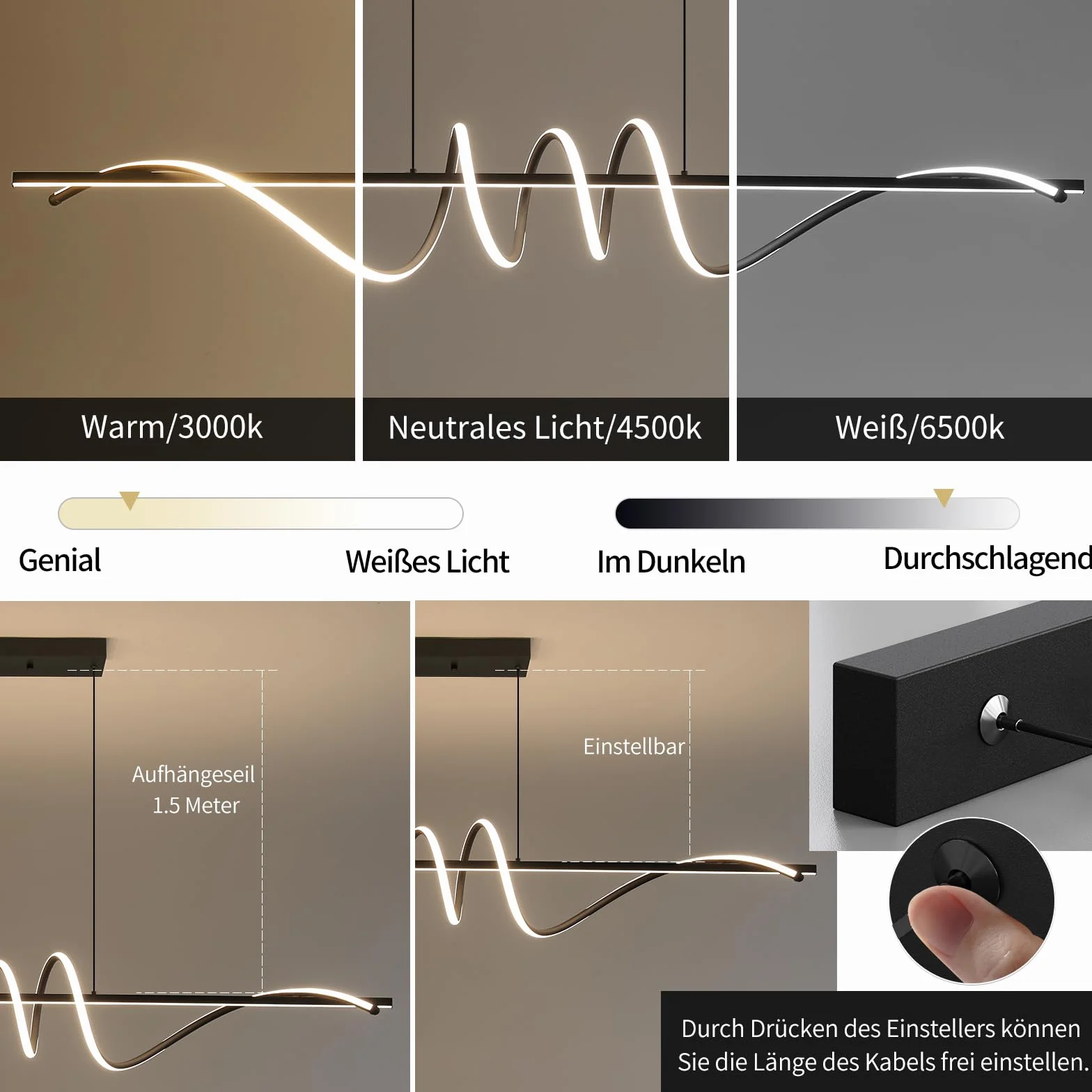 Mikeru Nowoczesna lampa LED, 150 cm, spiralne wiszące z funkcją pamięci, czarna LED do jadalni, 10-100%, 3000 K/4500 K/6000 K, do kuchni, wnętrz