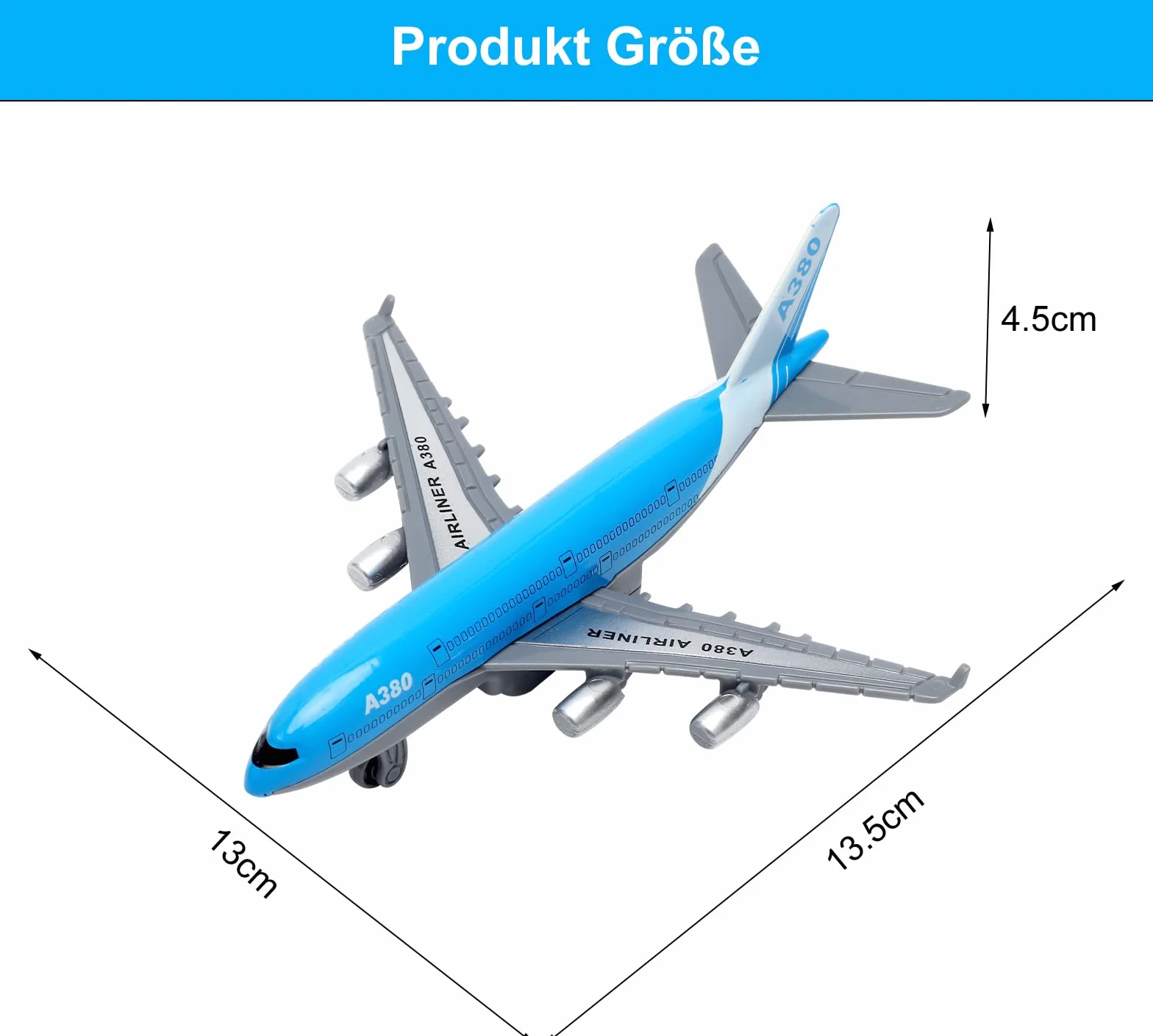 Airbus A380 zabawka do samolotu – mini metalowy model samolotu z funkcją wyciągania dla dzieci od 3 lat, plandeka powietrzna dla dzieci, idealna jako zabawka na lotnisku i prezent (długość 14 cm