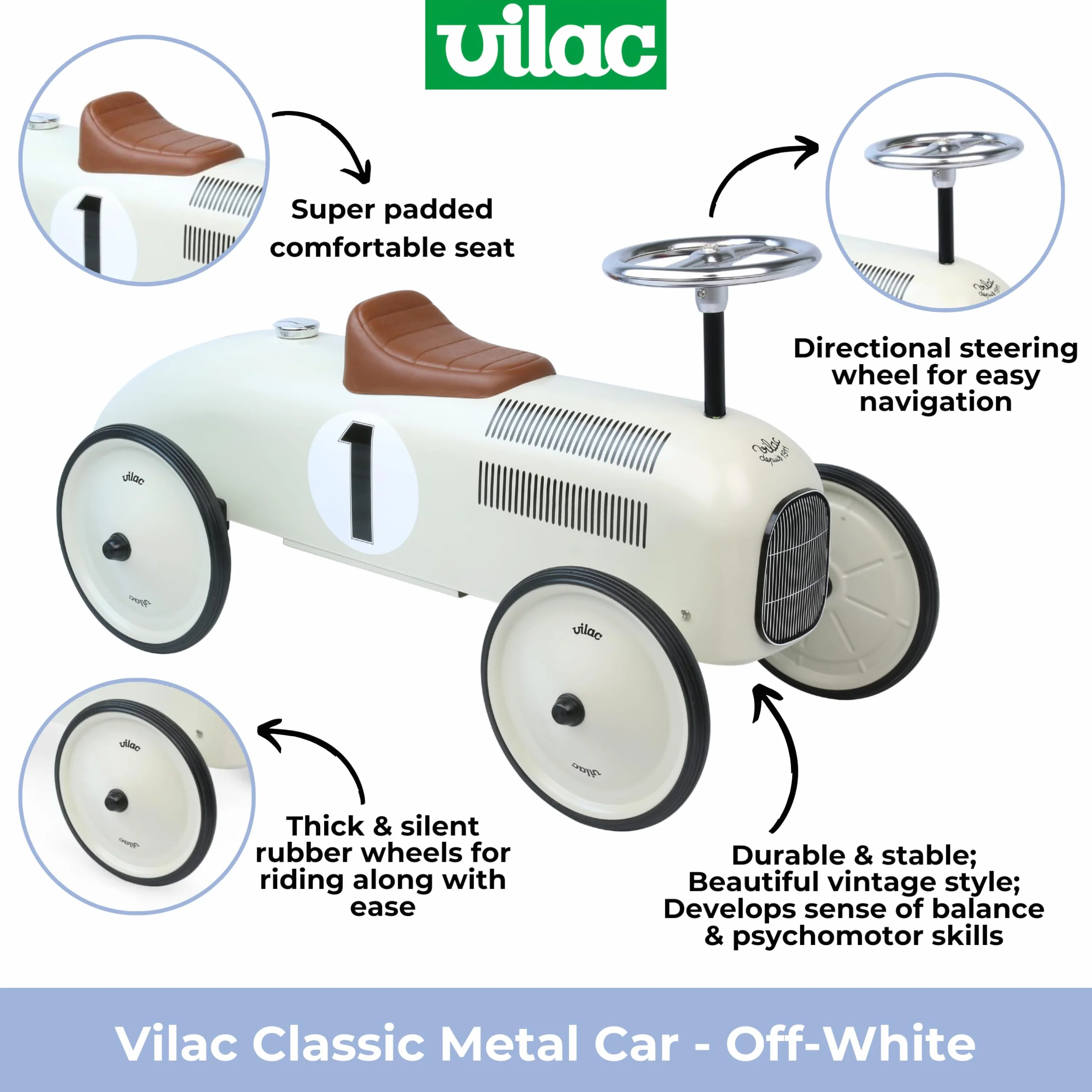 Vilac Vintage Ride on Car metalowy korpus duże gumowe kółka dla dzieci 1.5-3 lat 20 kg