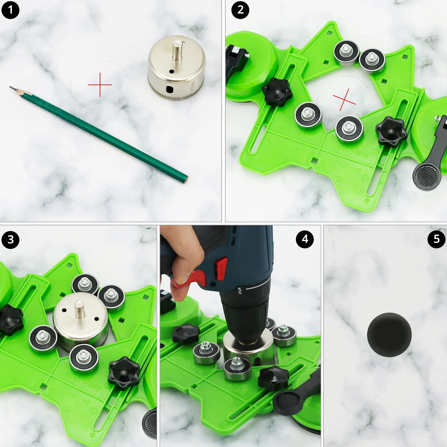QWORK Lokalizator otworów na wiertła, 4-83 mm regulowany przepychacz z podstawą próżniową, frez do otworów do płytek, diamentowego frezu do szkła, marmuru, płytek