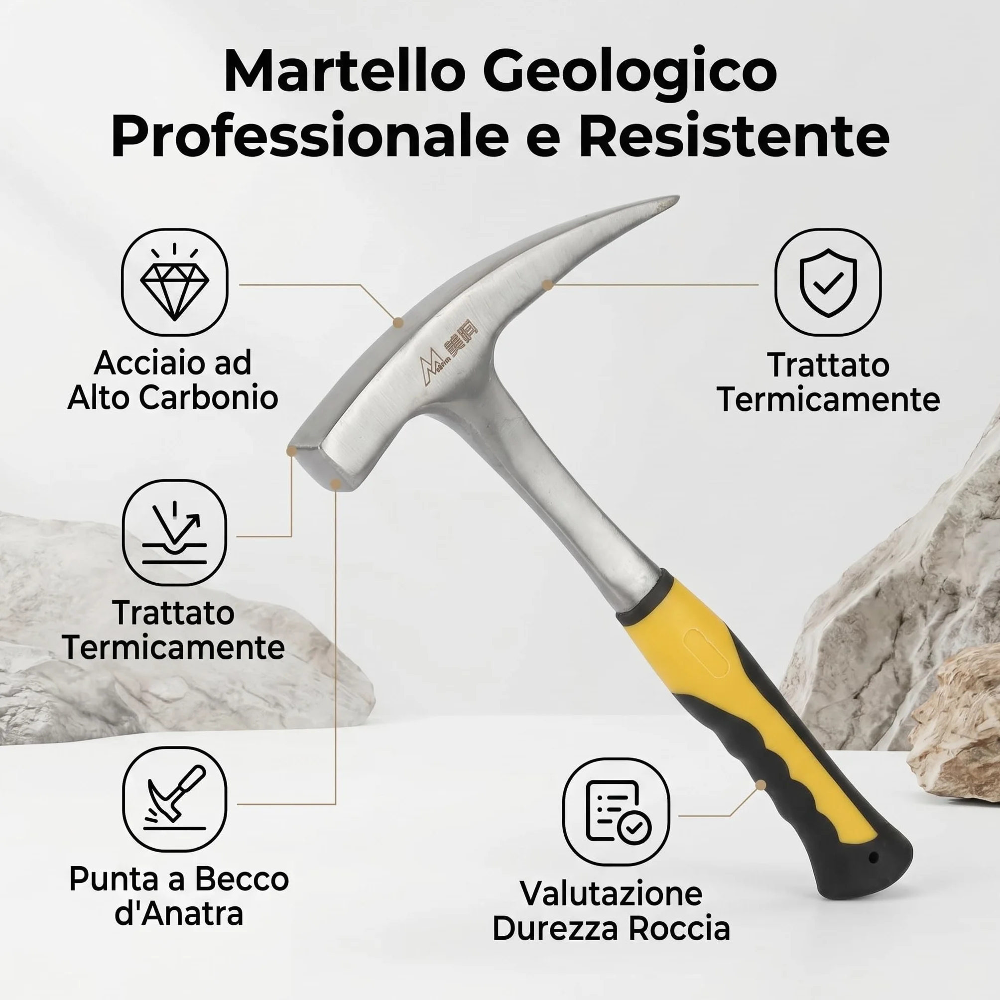 Dwugłowy Młot Geologiczny Młotek Eksploracyjny Szpiczasty Młotek z Płaskim łbem Żółty Uchwyt Gumowy Uchwyt, Polerowany Powierzchniowo, 804-1028g(S)