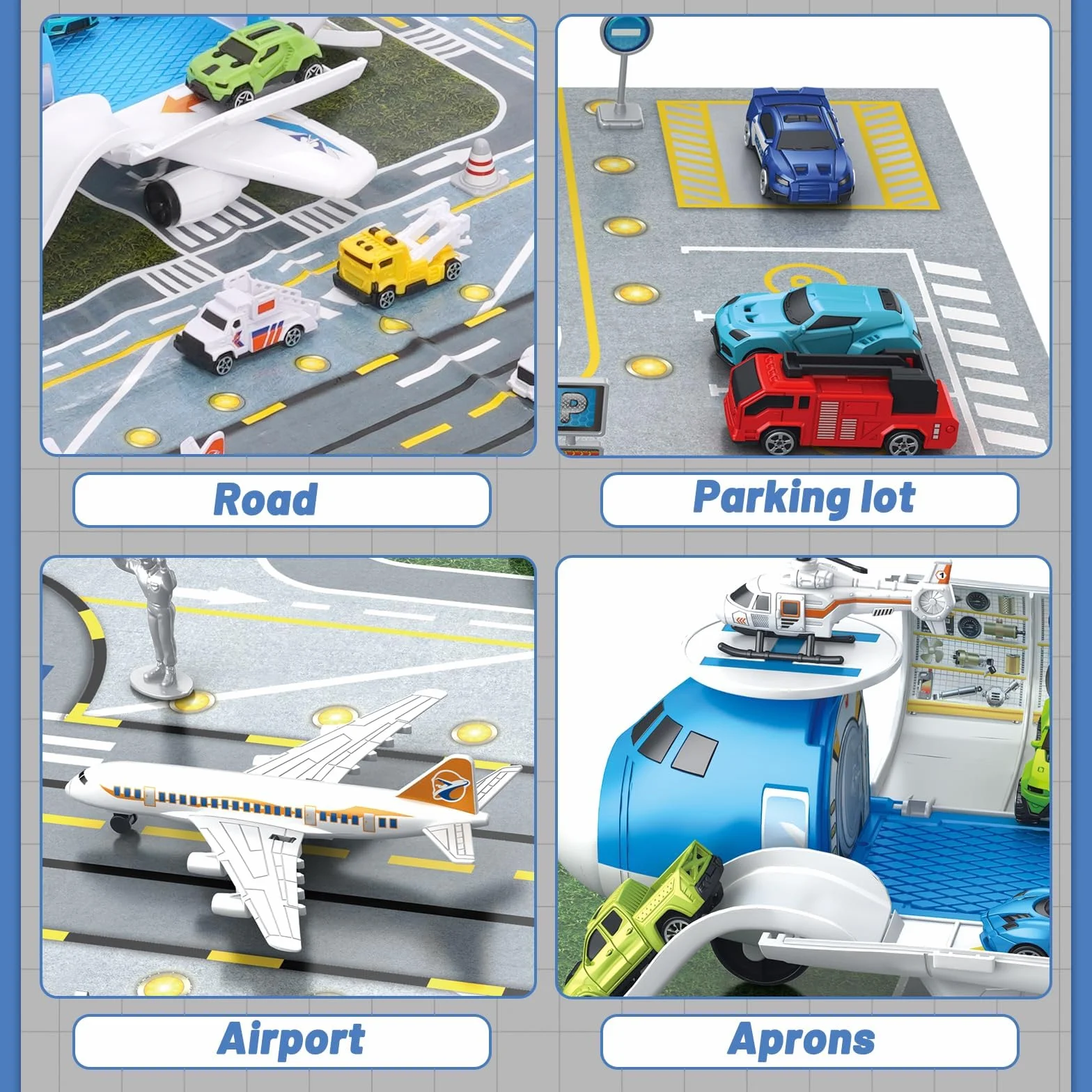 Zestaw zabawek z samolotem transportowym, samochodem, zabawką dla dzieci z helikopterem, ciężarówką, samolotem, znakiem parkingu, mata do zabawy dla chłopców i dziewczynek