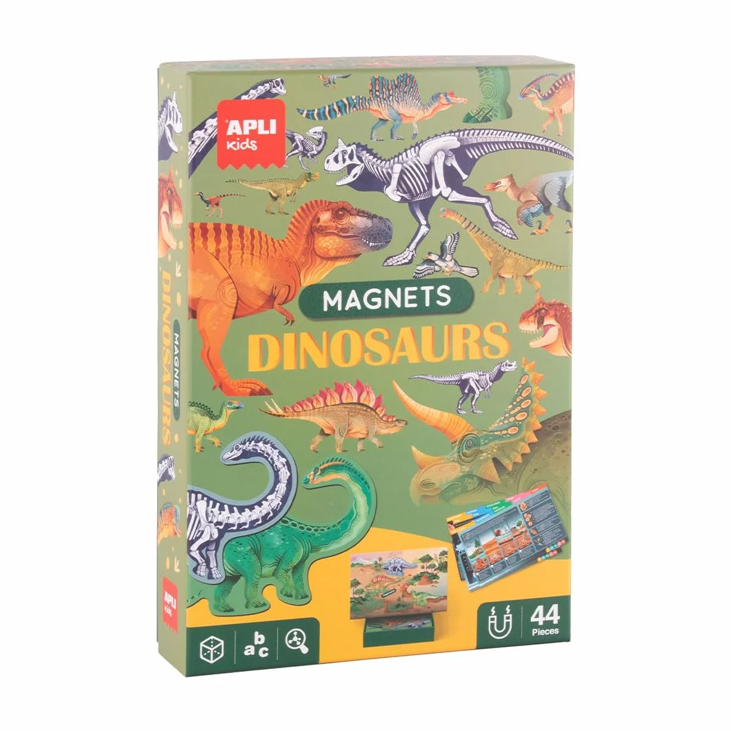 APLI Kids 20139 - Edukacyjny zestaw magnetyczny dinozaurów, plansza z 44 magnesami i kartami objaśniającymi, dla dzieci od 5 lat
