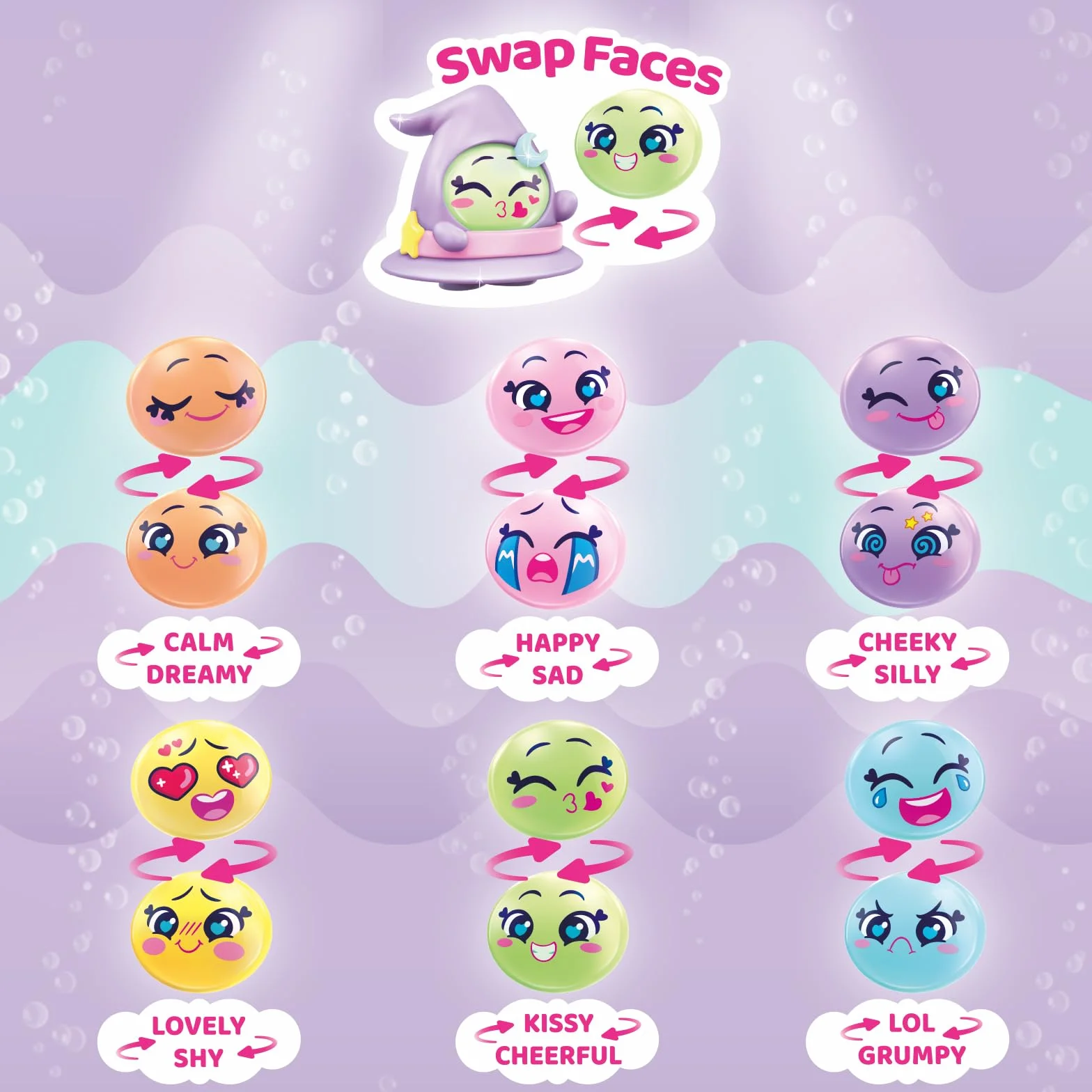 MOJI POPS Pearl Series - One Pack. Pudełko z 24 kopertami niespodzianek z figurkami kolekcjonerskimi z dwustronnymi buźkami. Każda koperta zawiera 1 niespodziankę Mojipop i 1 listę kontrolną