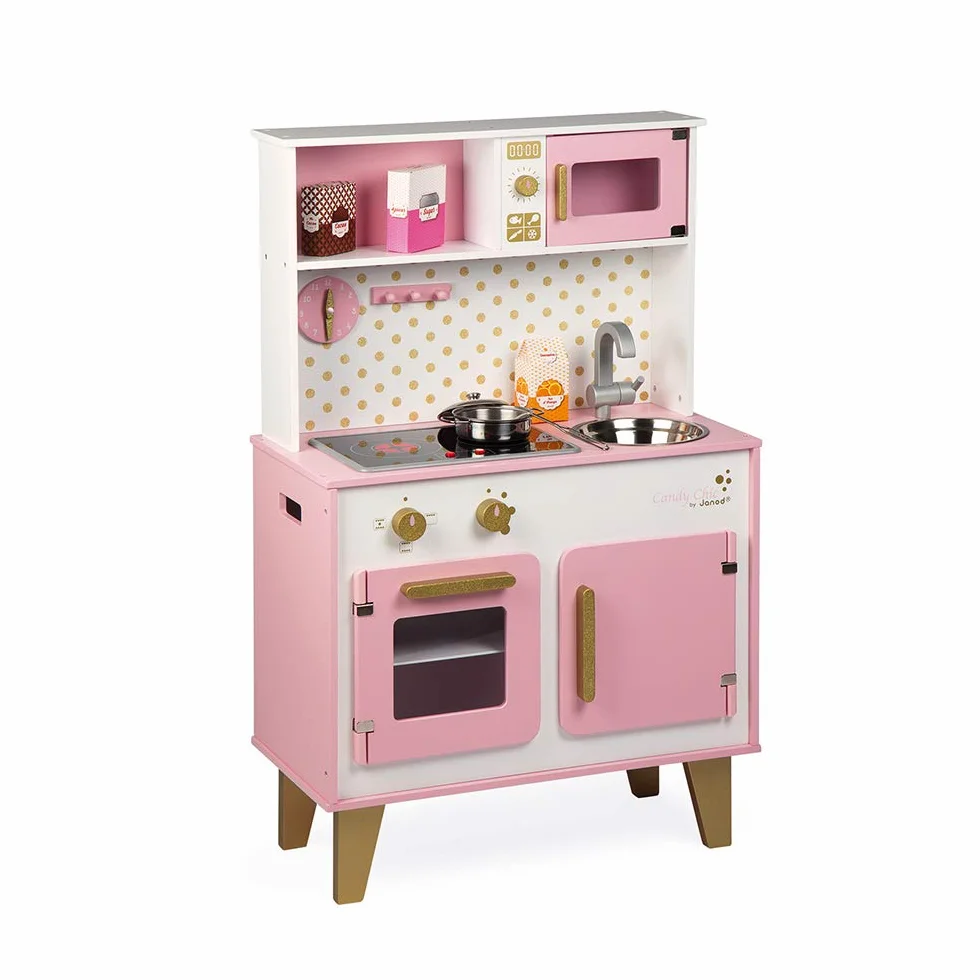 Janod - Candy Chic Big Wooden Cooker for Children - Equipped with Fridge and Microwave, Sound and Light - Pretend Play - 6 Accessories Included - For children from the Age of 3, J06554, Pink and White