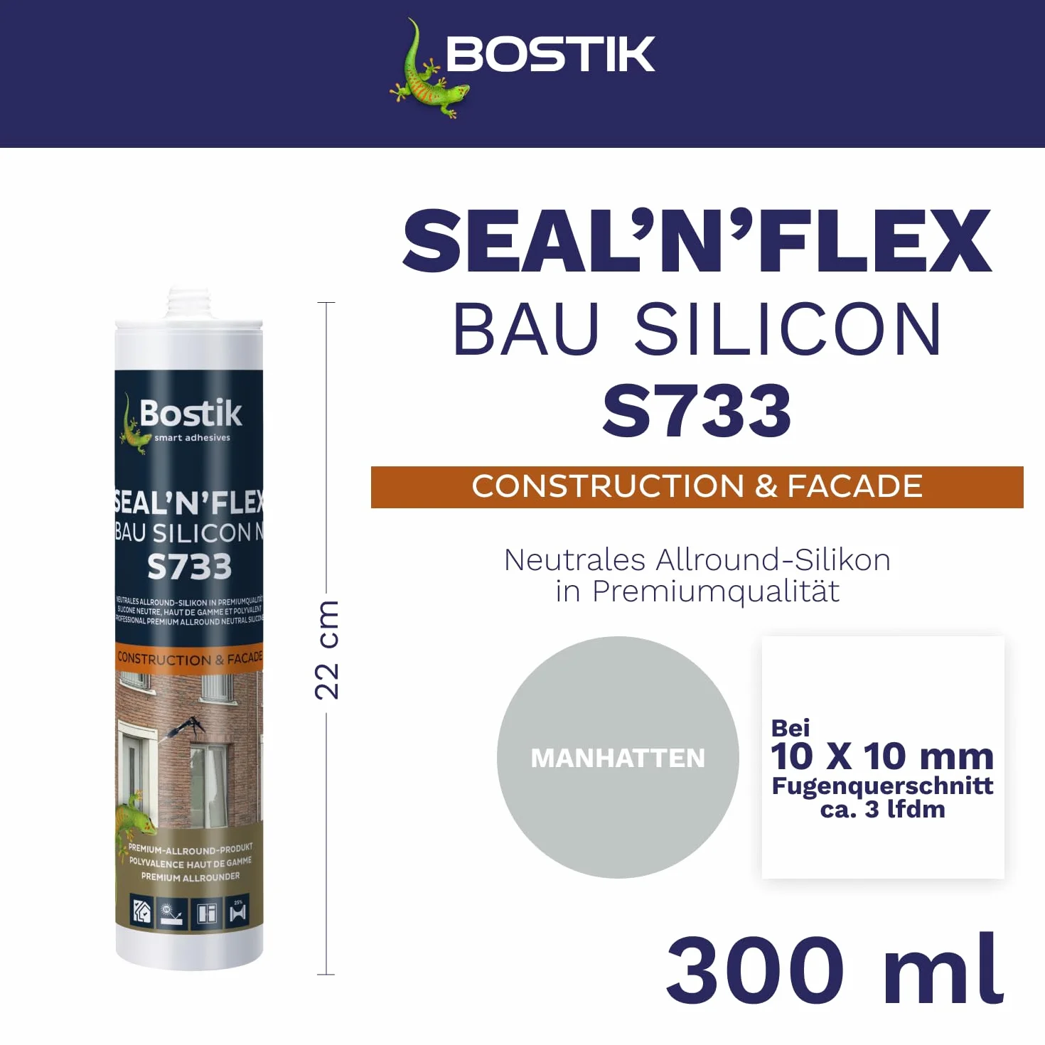 BOSTIK S733 Seal´n´Flex Bau Silicon Manhattan – neutralny uniwersalny silikon, odporny na pleśń, trwale elastyczny, nadaje się do stosowania wewnątrz i na zewnątrz, 300 ml