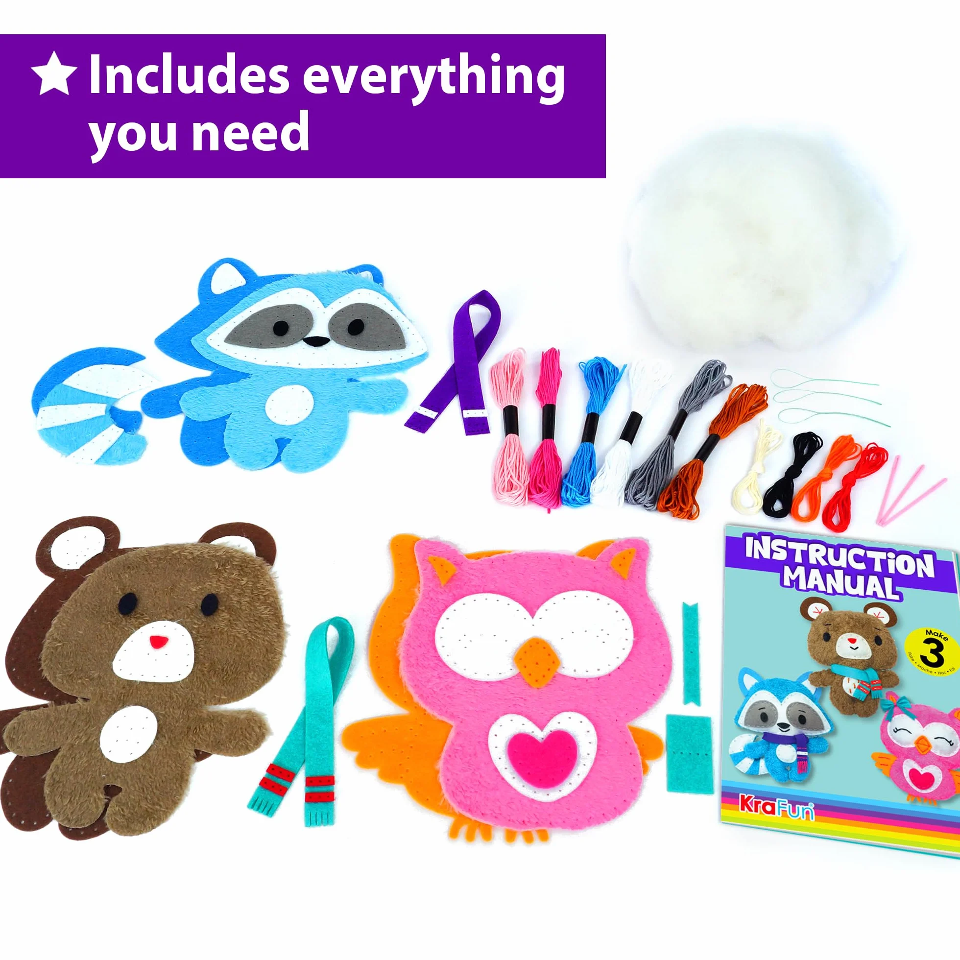 Zestaw do szycia KraFun Kids dla początkujących i rzemieślników, zawiera 3 pluszowe lalki, instrukcje i filc, hafty - Teddy & Friends
