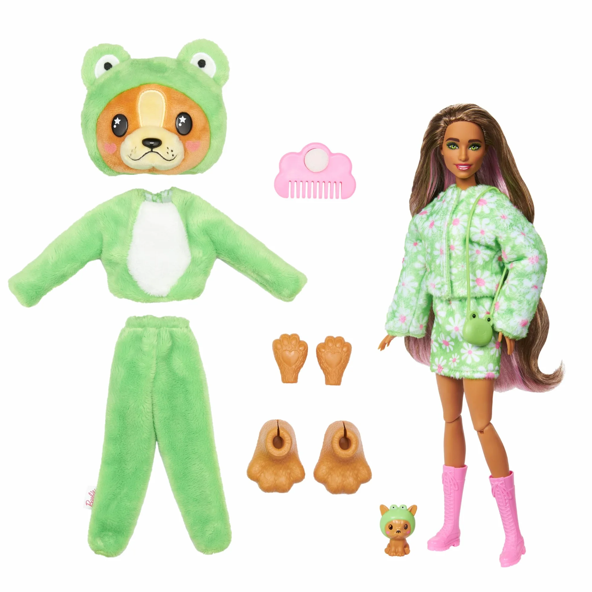Barbie Cutie Reveal Lalka Piesek-Żaba Seria Kostiumy Zwierzaczki z 10 niespodziankami, zmiana koloru, HRK24