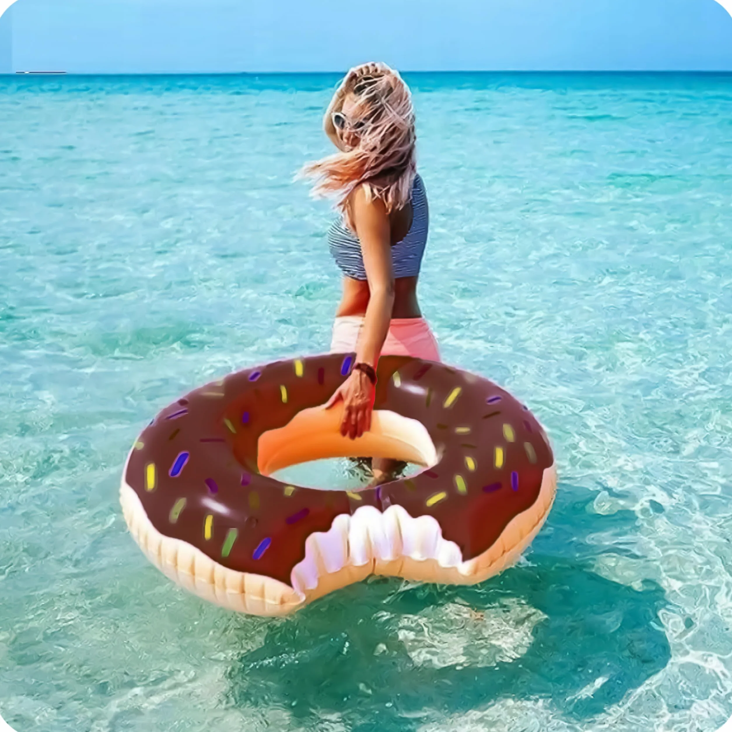 KRUMAD Koło Dmuchane Donut, Pączek z Posypką, Koło Do Pływania dla Dorosłych, Basen Plaża, Śmieszny Materac Wodny, Brązowy, PVC