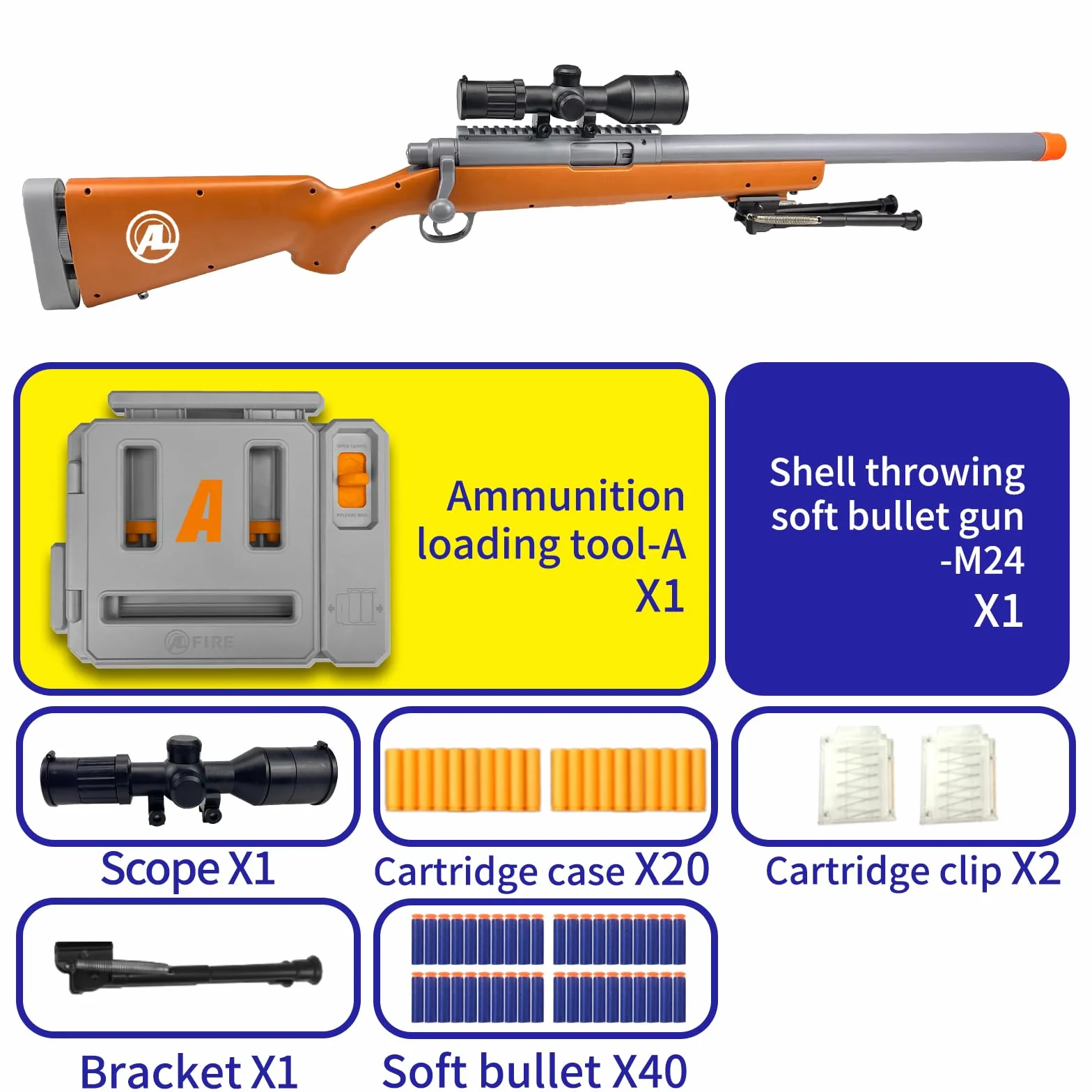 AGM MASTECH M24 miękki pistolet zabawkowy z pianki, design z wyrzucającymi łuskami nabojowymi, ulepszona luneta celownicza, ładownica do rzutek, 40 miękkich rzutek piankowych, 20 łusek nabojowych, 2