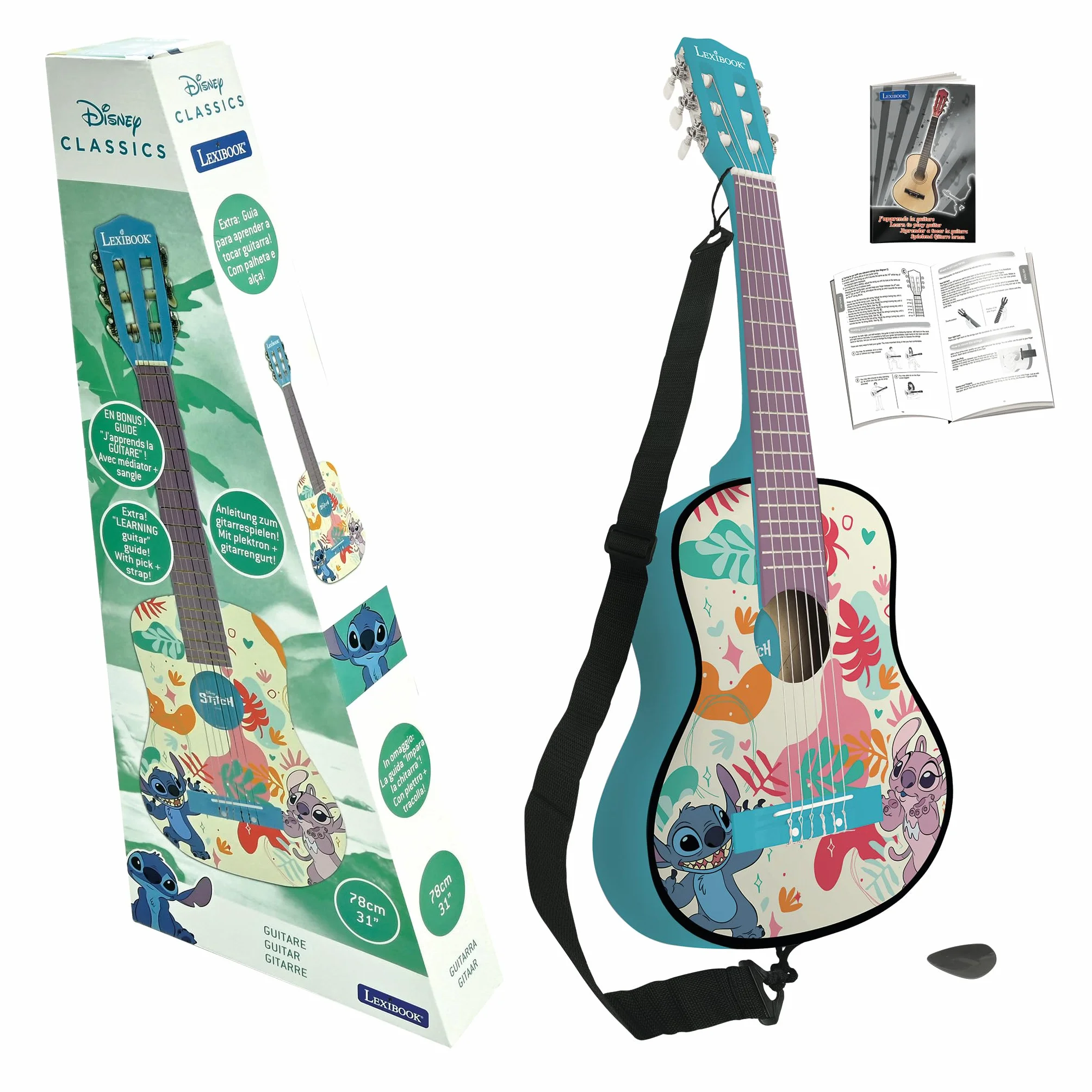 Lexibook, Disney Stitch, Moja Akustyczna Gitara Drewniana, 6 Strun Nylonowych, 78 cm (30"), Przewodnik do Nauki, Kostka i Pasek w Zestawie, Niebieski, K2000D