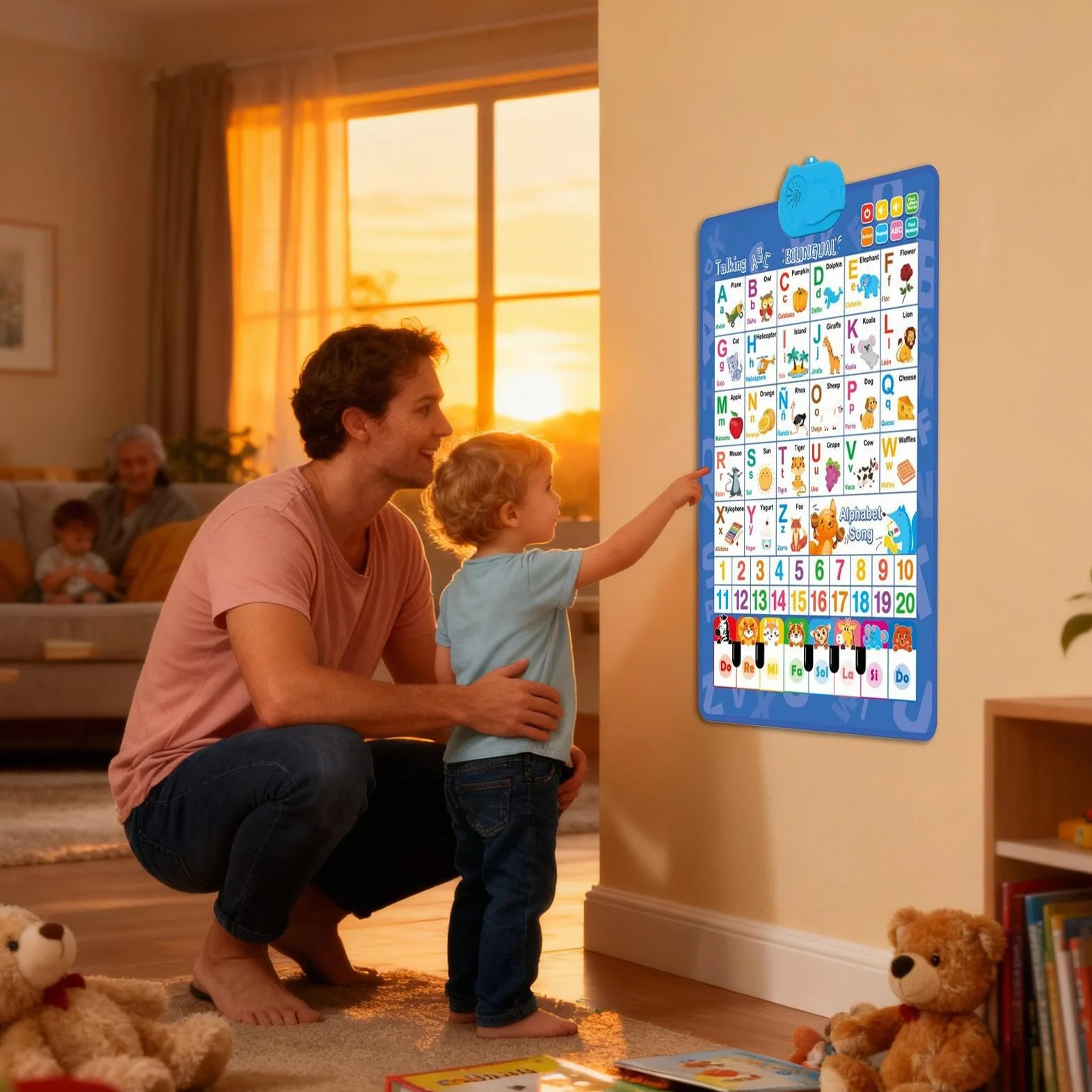 Alphabet Wall Chart, Talking Bilingual Interactive Poster, Spanish and English Music Learning Toy for Kids Ages 3-8, Classroom, Preschool, Language Development