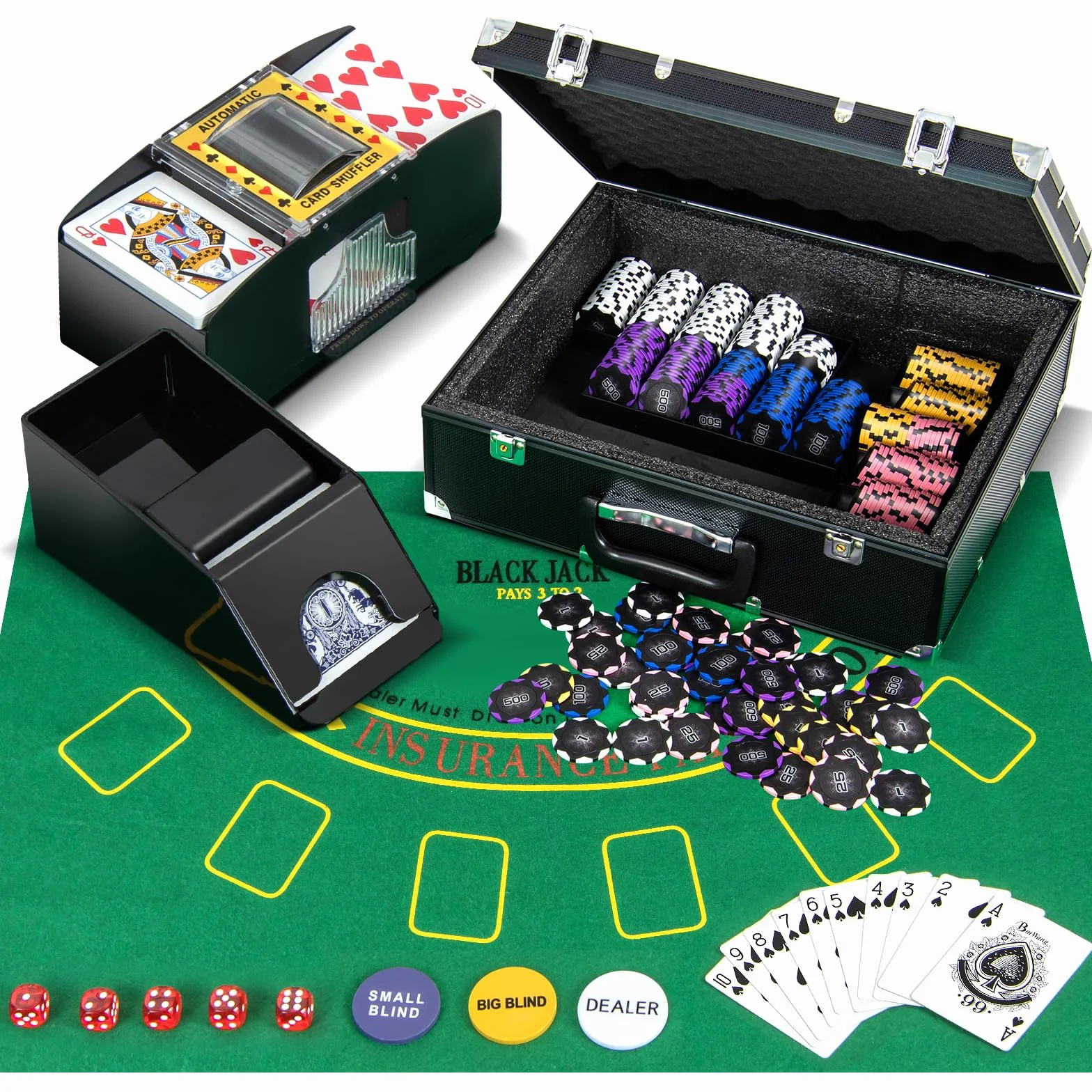 COSTWAY Zestaw do pokera, 300 żetonów, walizka pokerowa z 2 taliami na karty, 5 kostkami, przycisk krupiera, mata, mikser kart i rozdawacz kart, aluminium, kasyno w pokera, kompletny zestaw zamykany