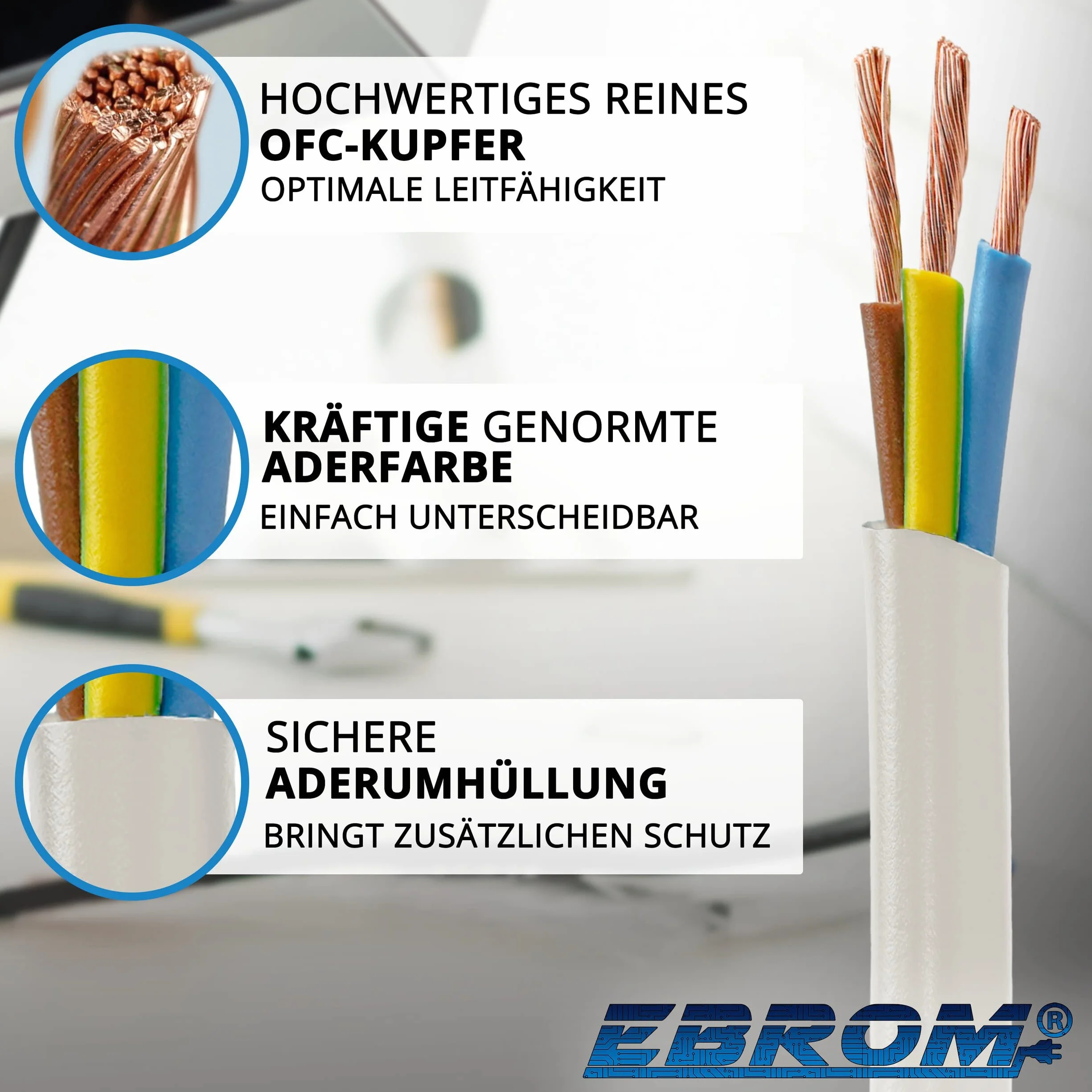 Elastyczny okrągły kabel z białego tworzywa sztucznego H05VV-F 3 x 1,5 mm² Do wyboru 5, 10, 15, 20, 25, 30, 35, 40, 45, 50, 55, 60 m i tak dalej do 100 m na przedział 5 m