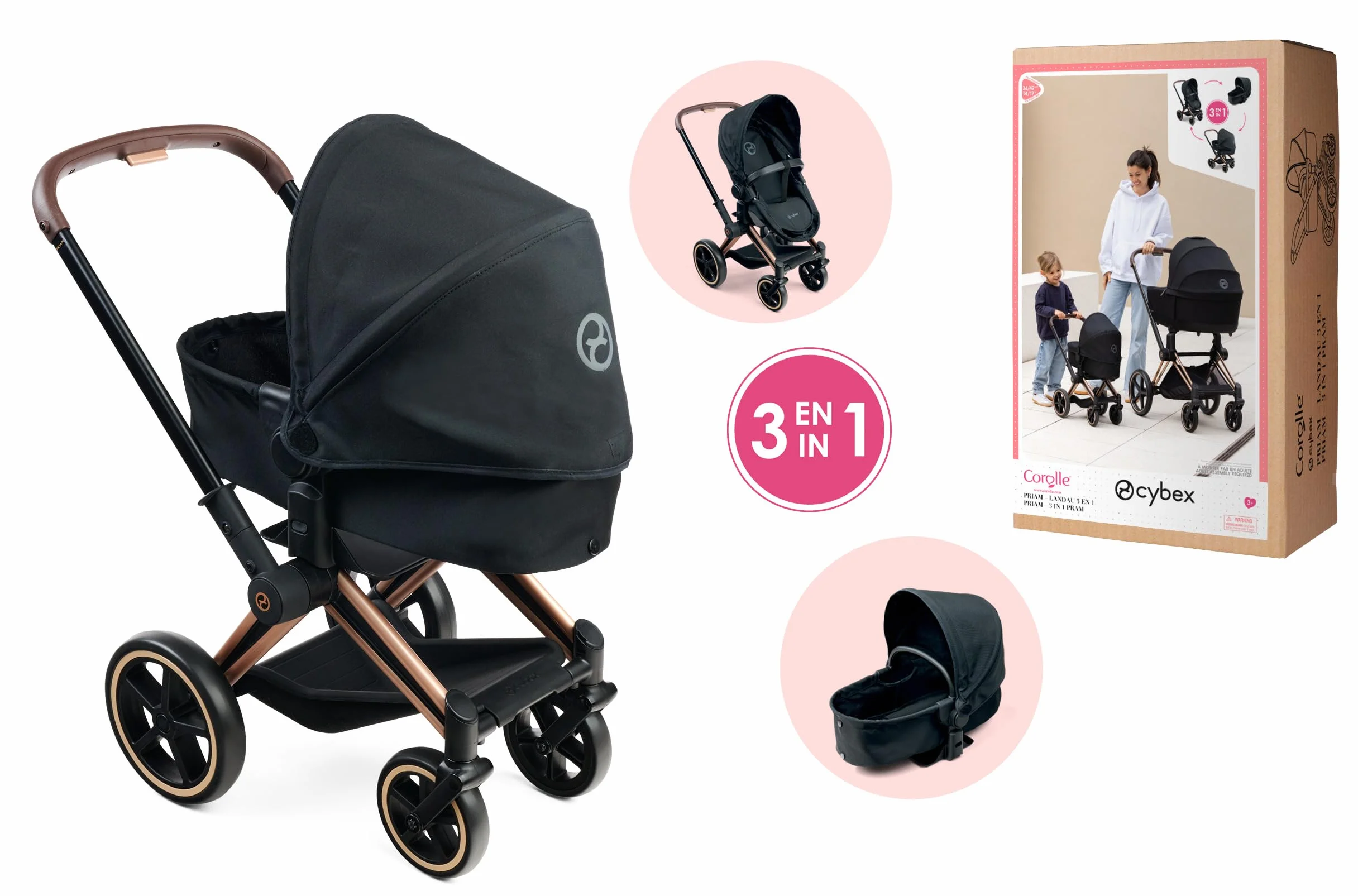 Corolle - 9000141870 - Wózek dziecięcy 3 w 1 Cybex, czarny, akcesoria, dla ośmiornic 36 i 42 cm, od 3 lat