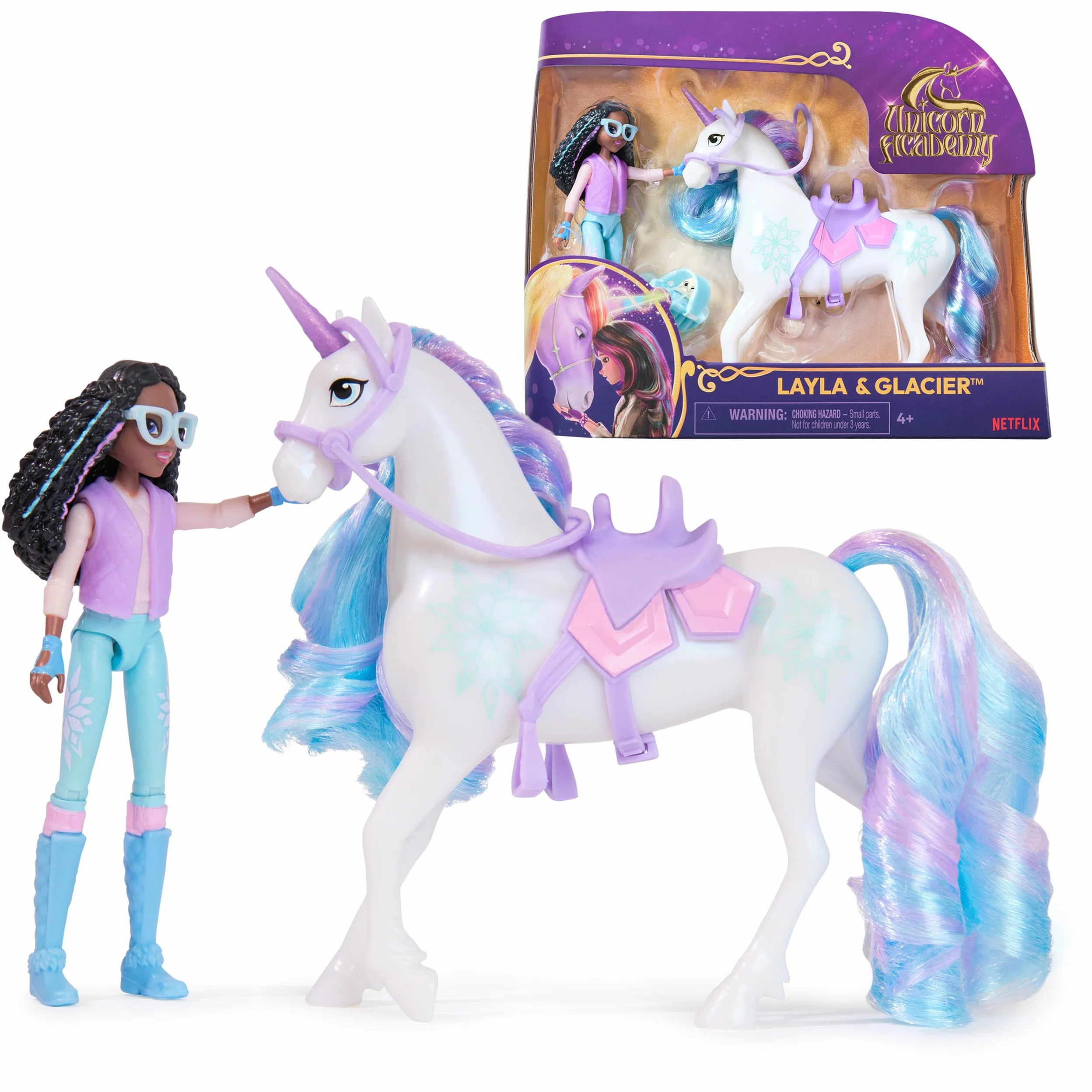 Unicorn Academy - The School of Unicorns - Glacier Unicorn + Lalka Layla - Jednorożec, lalka i akcesoria do kolekcjonowania - Zabawki inspirowane serią Unicorns School - Zabawka dla dzieci od 4 lat
