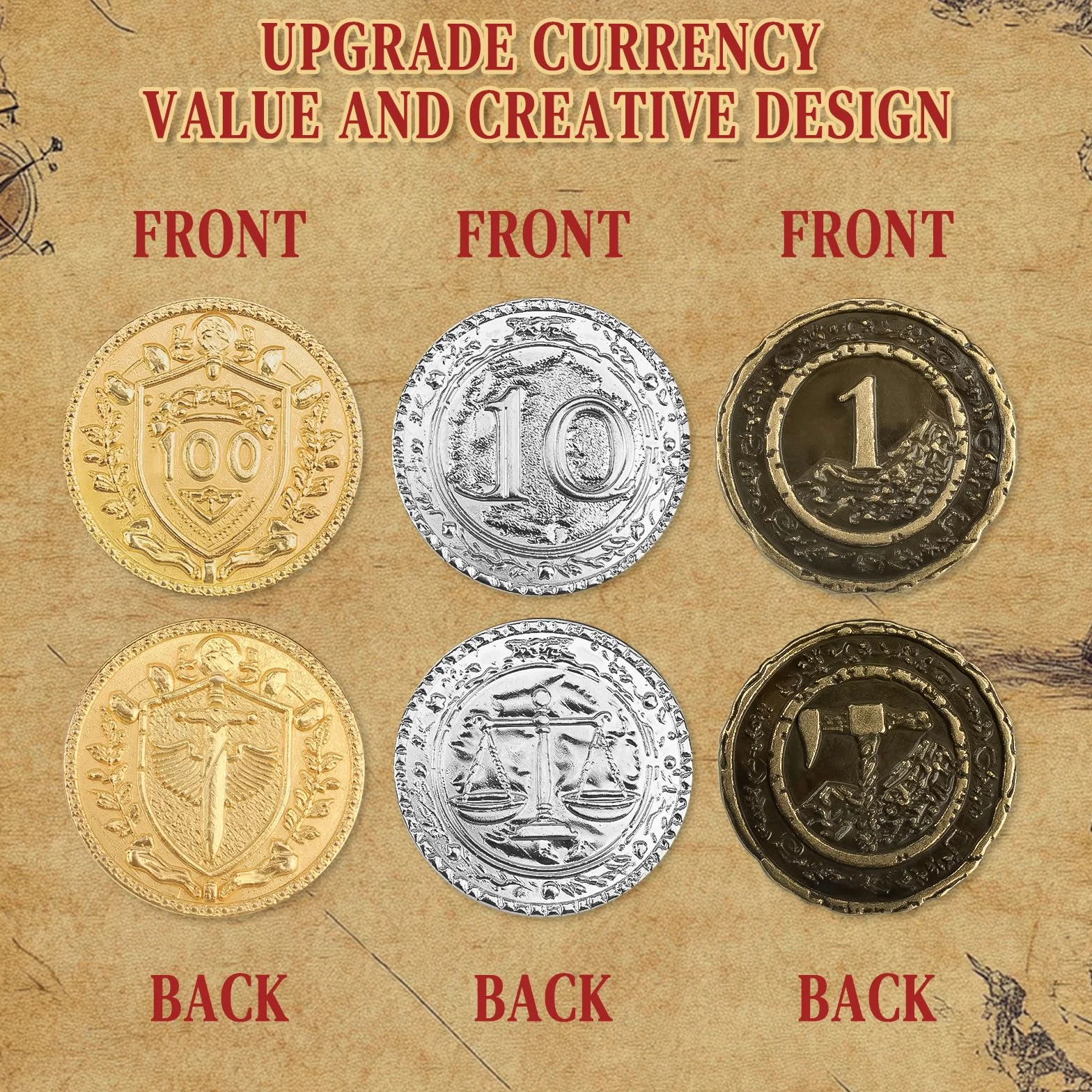 Byhoo 100 metalowych monet DND, 1,2", złote, srebrne, miedziane, o wartości nominalnej, do gry planszowej i RPG, Fantasy metalowe monety dla piratów, do zabawy, na imprezę, cosplay