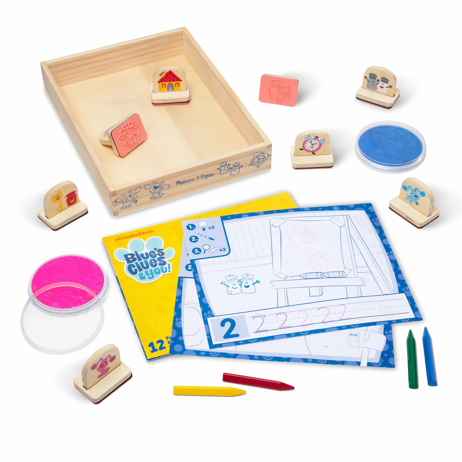 Melissa & Doug Blue's Clues & You! Zestaw pieczątek z drewnianą rączką i zeszyt ćwiczeń (15 elementów)