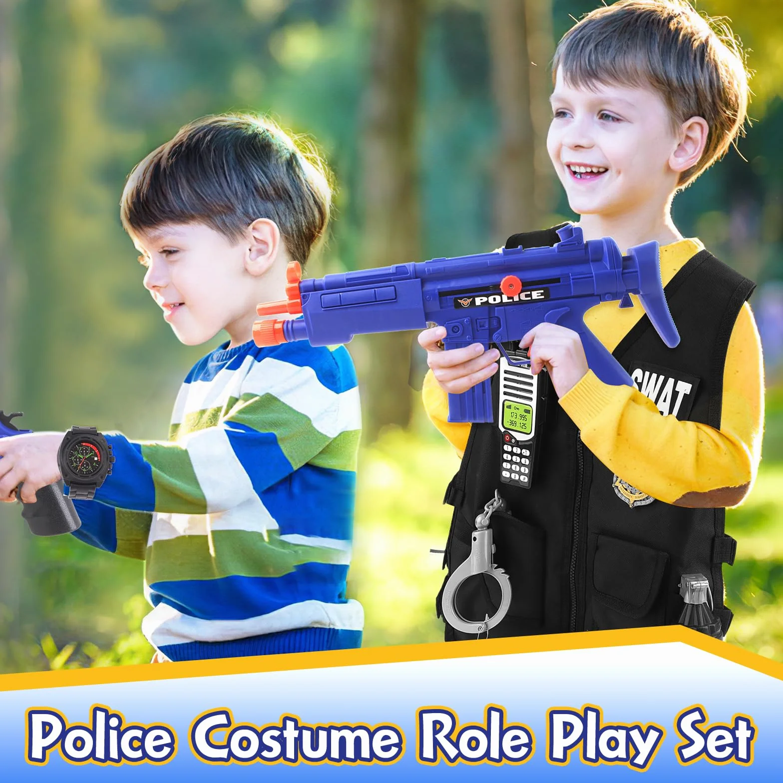 deAO przebranie policjanta, kostium policjanta dla dzieci z kamizelką, kaskiem, kajdankami, okularami, walkie-talkie itd., 18 szt. akcesoriów policyjnych