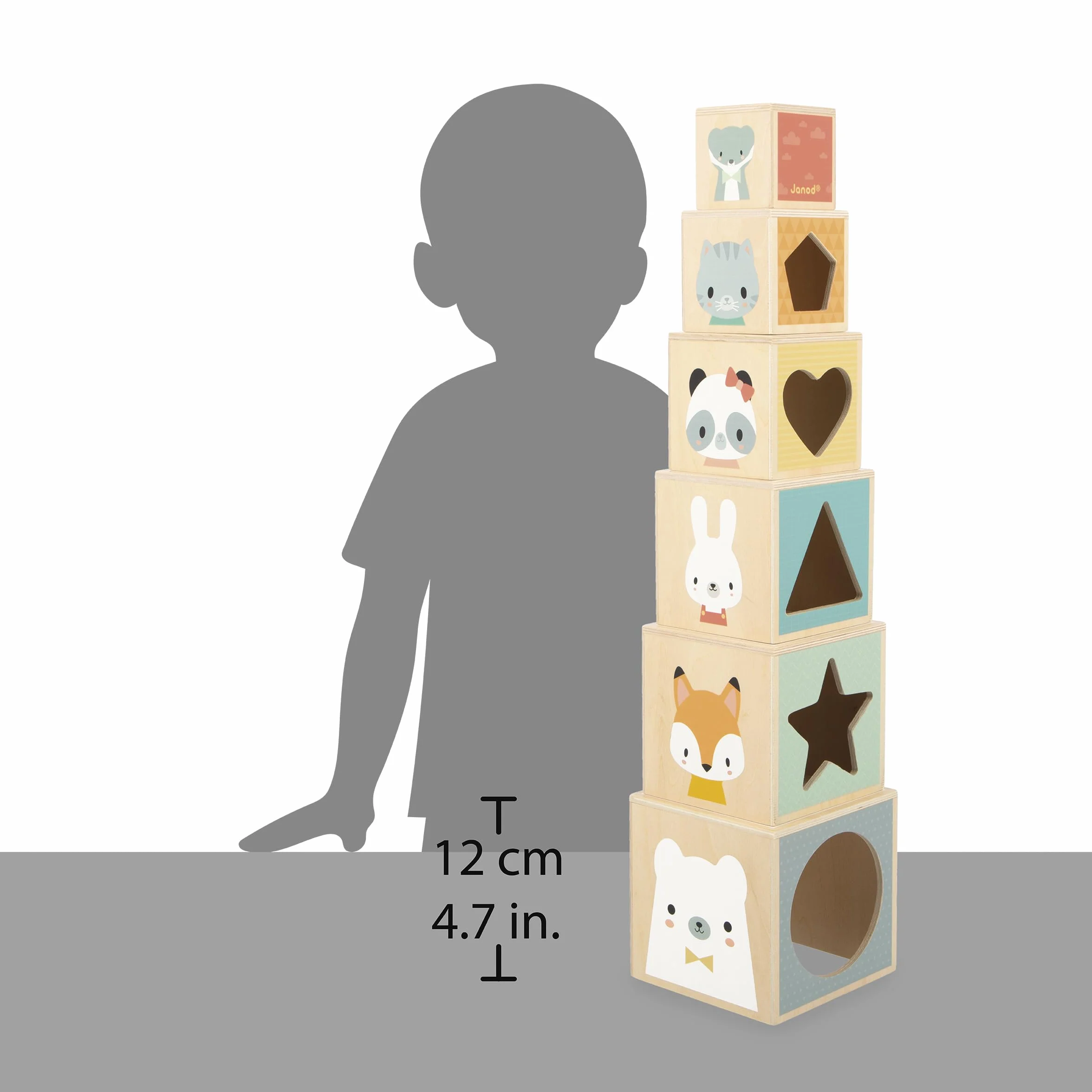 Janod Pyramide en Bois d'Éveil-6 Cubes à Empiler-Jouet d'Empilement d'Encastrement-Développe Dextérité et Imagination-Premier âge-da 12 miesięcy, J05147