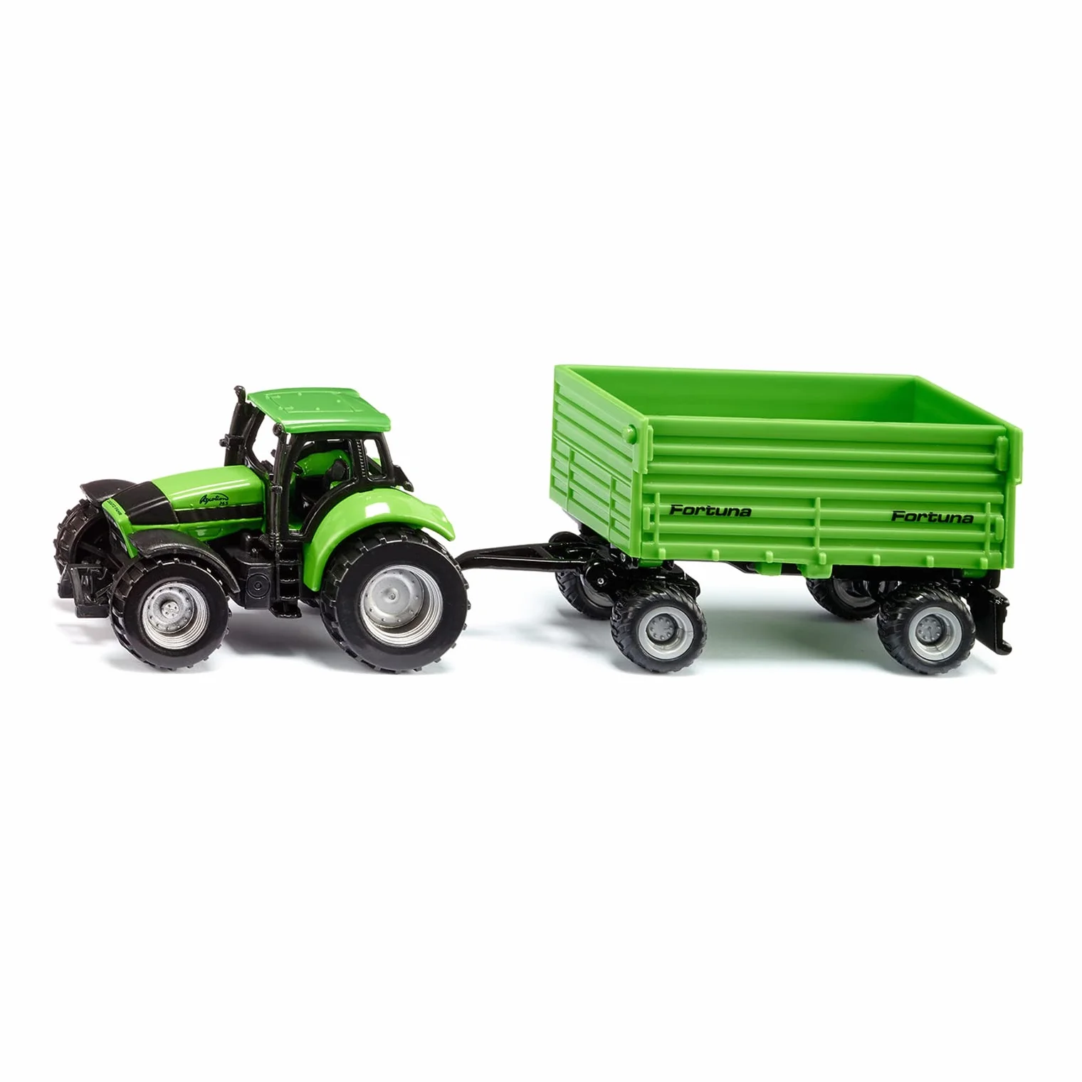Siku 1606, Traktor DEUTZ-FAHR z 2-osiową przyczepą Fortuna, Zabawkowy traktor, Metal/plastik, Zielony, Zdejmowana kabina, Przechylna skrzynia, Przyczepa z gumowymi kołami, Zaczep