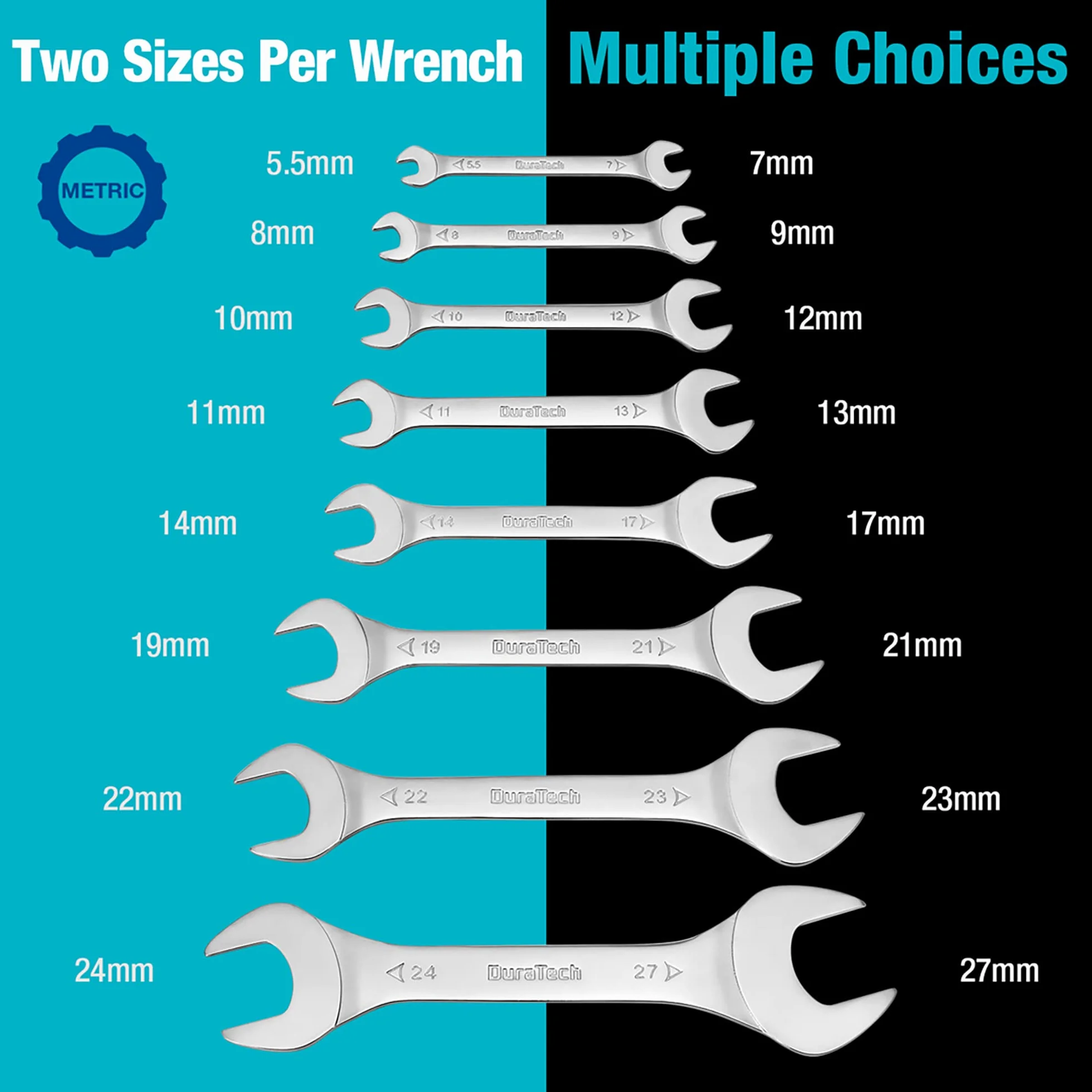 DURATECH Zestaw kluczy płaskich, podwójnych, otwartych, do wąskiej przestrzeni, stal węglowa, chromowane, 8-częściowe, metryczne, 5,5 mm-27 mm, z pokrowcem