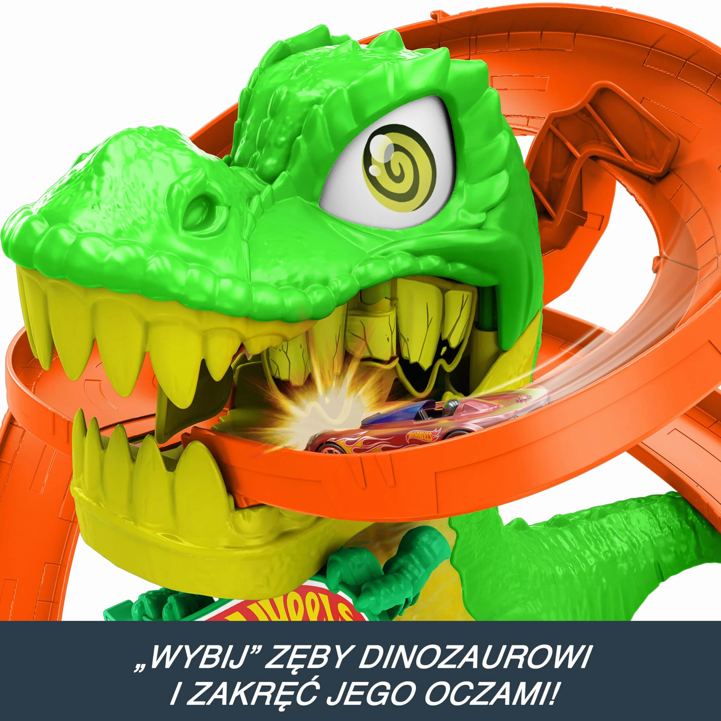 Hot Wheels City Zakręcony tor Remiza T-rexa Zestaw do zabawy (ok. 36 cm), tor samochodowy, dinozaur o ruchomych oczach, metalowe autko w skali 1:64, kilka możliwości zabawy, zabawka dla dzieci, JBM73