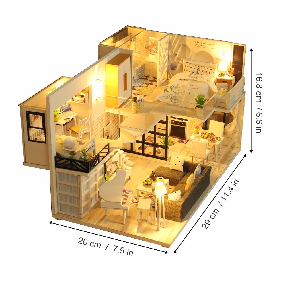 GuDoQi Domek dla lalek "zrób to sam" miniaturowy zestaw, drewniany domek dla lalek 3D, zestaw do montażu z meblami, muzyką i światłem LED, miniaturowe zestawy modelarskie dla kobiet i kolekcjonerów