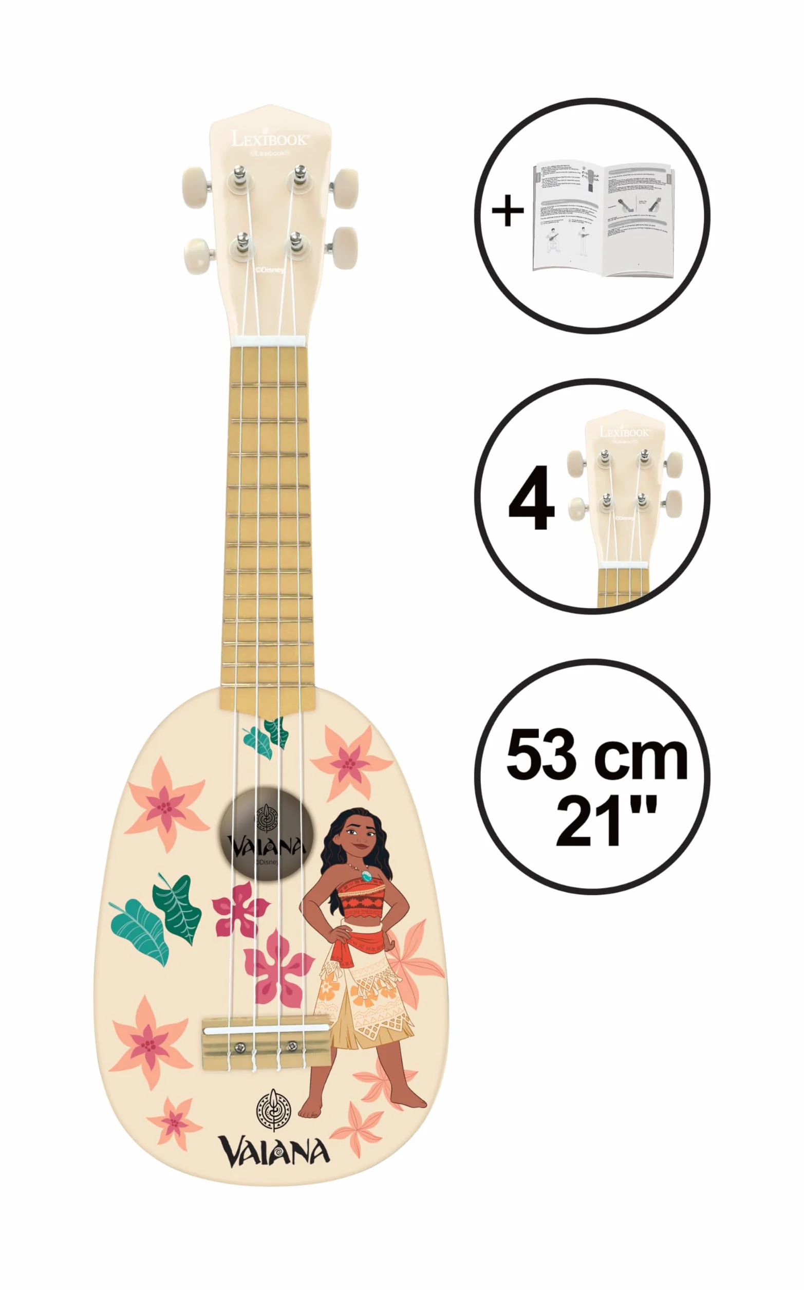 Lexibook, Disney Vaiana, Mój pierwszy drewniany ukulele, 4 nylonowe struny, 53 cm, przewodnik w zestawie, niebieski, K230VN
