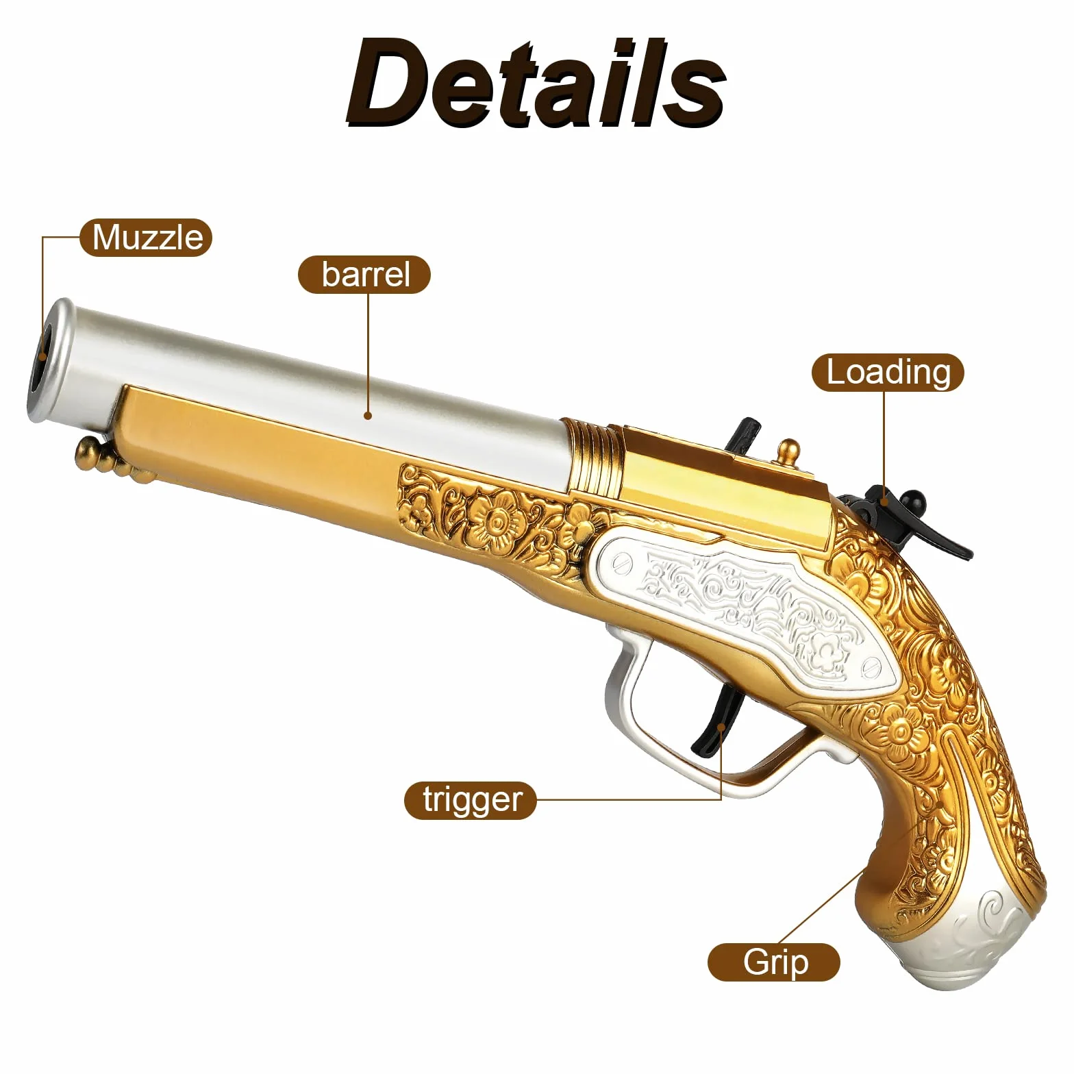 Pistolet piracki, zabawkowy pistolet dla dzieci – broń piracka z 20 miękkimi kulkami, do kostiumu pirata, broni na Halloween i karnawał, akcesoria do kostiumu pirata, 30.3 x 10.7 x 5.7 cm