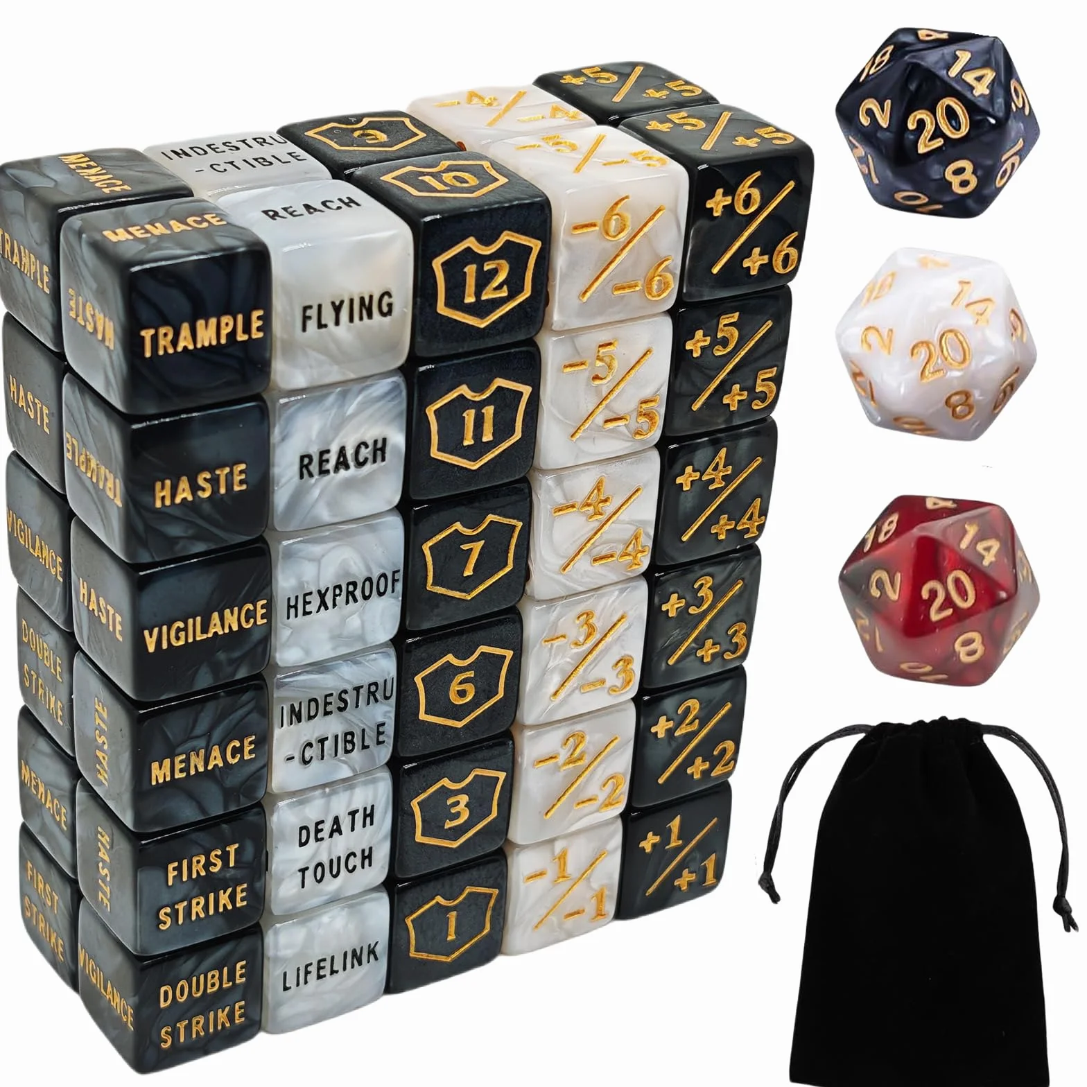 Liczniki kości MTG, 63 sztuki - licznik słów umiejętności, -1/+1 Life Counter, Shield Life Counter mówi, Marble Colour D6 Dice Dice do gier MTG, TCG, gier karcianych