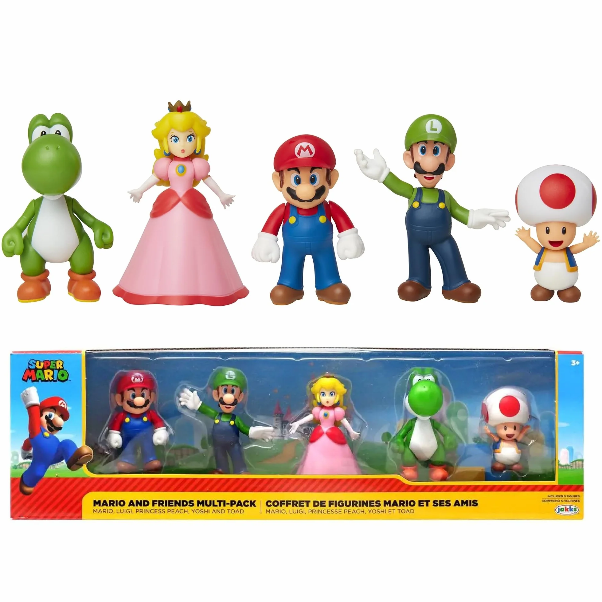 Jakks Super Mario Mario, Luigi, księżniczka brzoskwinia, Yoshi & ropień Ekskluzywna mini figurka 2,5 cala 5 sztuk
