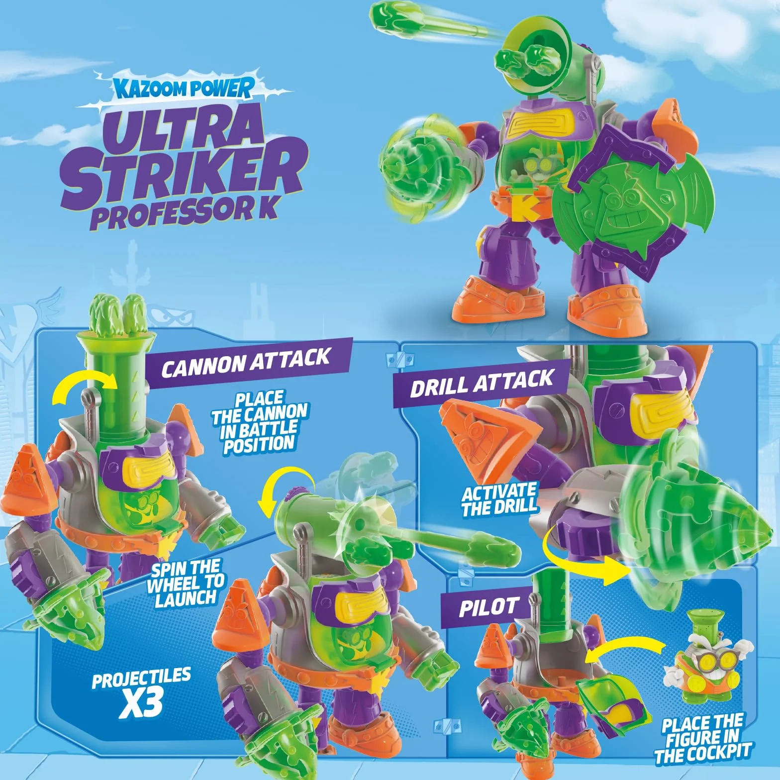 SuperThings, Ultra Striker, profesor K.Robot Ultra Striker, profesor K z serialu SuperThings Kazoom Power; zawiera 1 x Ultra Striker Robot, 1 ekskluzywny nauczyciel K, 3 muszle, 1 x akcesorium
