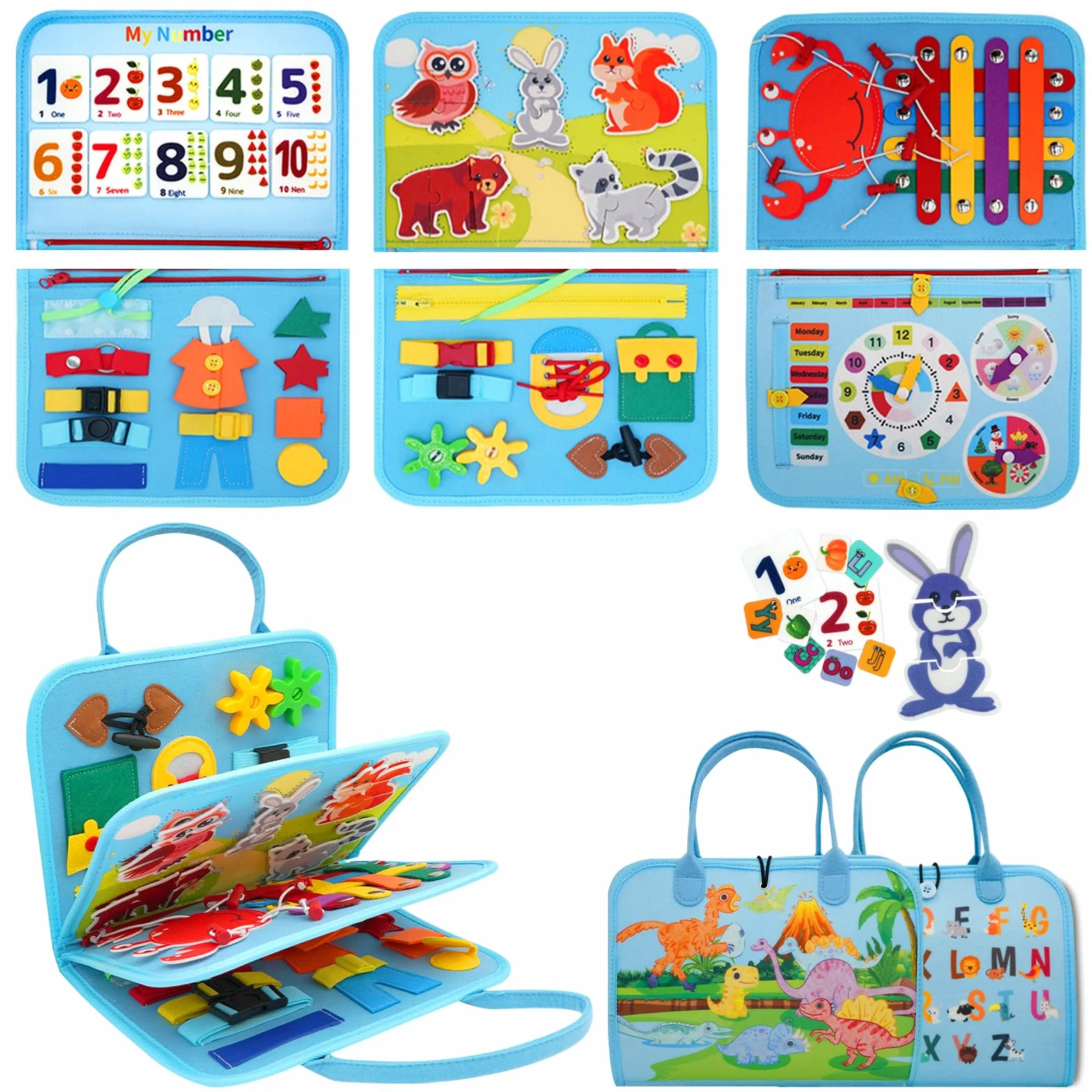 RunHero Busy Board 10-in-1 Montessori-Spielzeug für 1-4 Jahre, Filz Activity Board, Motorik-Lernspielzeug, Reise-Spielzeug für Auto und Flugzeug