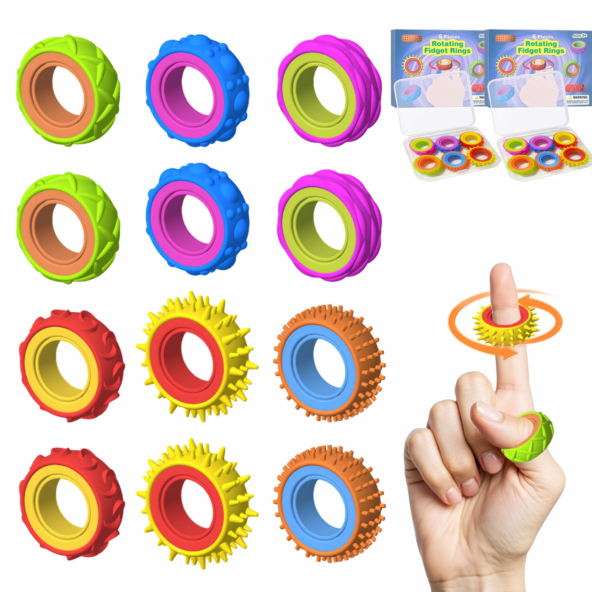 Zestaw 12 zabawek Fidget Ring dla dzieci i dorosłych, silikonowe pierścienie antystresowe, Fidget Spinner do pomocy przy ADHD, do akupresury, zabawki autystyczne, pierścienie do masażu palców