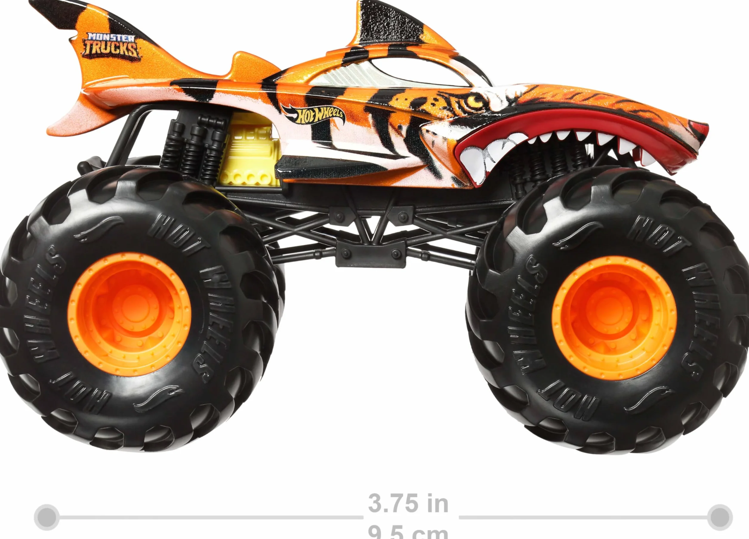 Hot Wheels Monster Trucks Tiger Shark Duży metalowy pojazd zabawka w skali 1:24 z wielkimi kołami i wyjątkowymi wzorami, samochód dla dzieci, JDR02