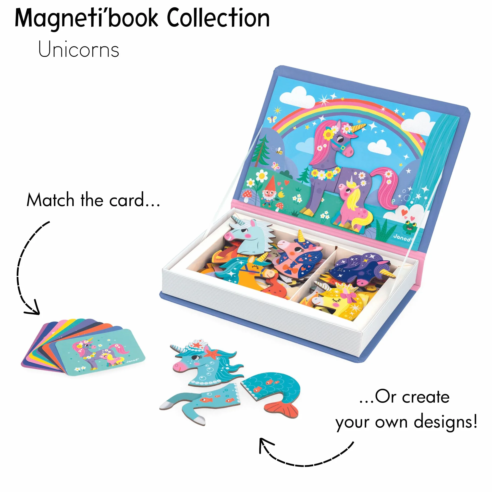 Janod J02584 Magnéti'Book magnetyczna zabawka edukacyjna z motywem jednorożca, 44 magnesy + 10 szablonów zabawek dla dzieci z kartonu FSC, wspiera zręczność i fantazję przez 3 lata, wielokolorowa
