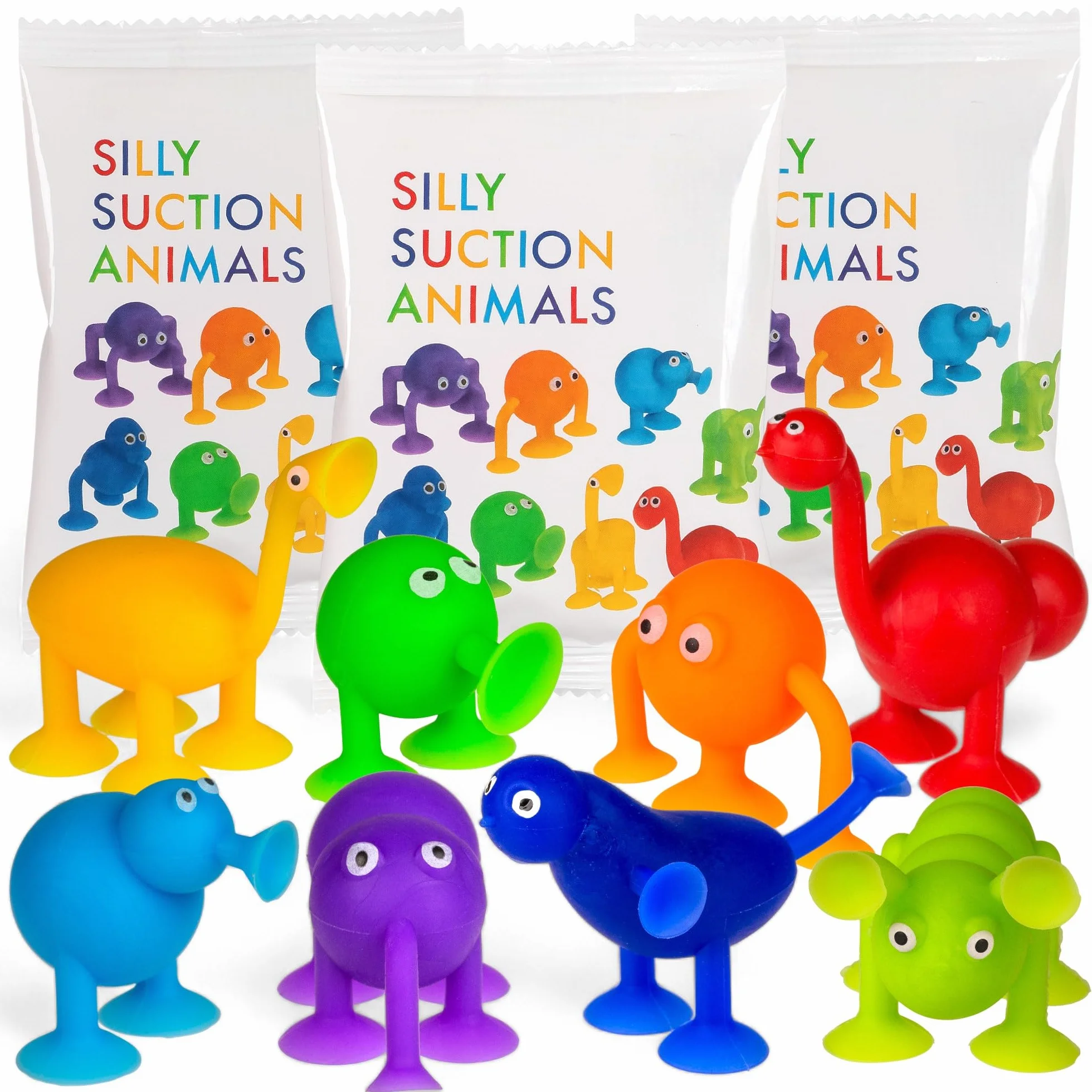 MIJOMA Silly Suction Animals zestaw 3 zabawnych ssących zwierząt z TPR, kolorowe mieszane, ok. 5 x 7 cm – zabawka sensoryczna, redukcja stresu, figurki zwierząt Fidget, modele losowe