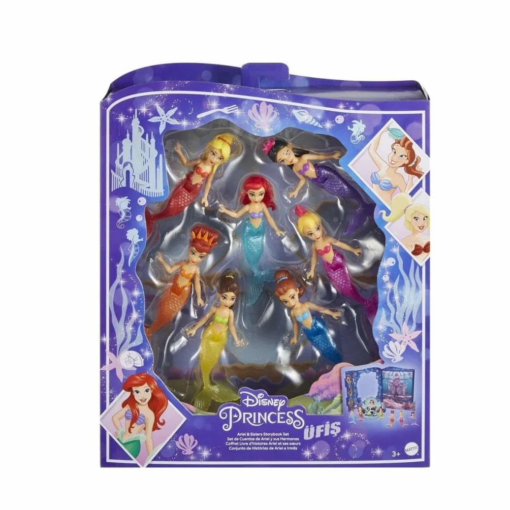 Mattel Księżniczka Disneya Arielka z siostrami Zestaw książka z 7 małymi lalkami syrenkami, figurkami i akcesoriami inspirowanymi filmem „Mała syrenka” Disneya HLW96