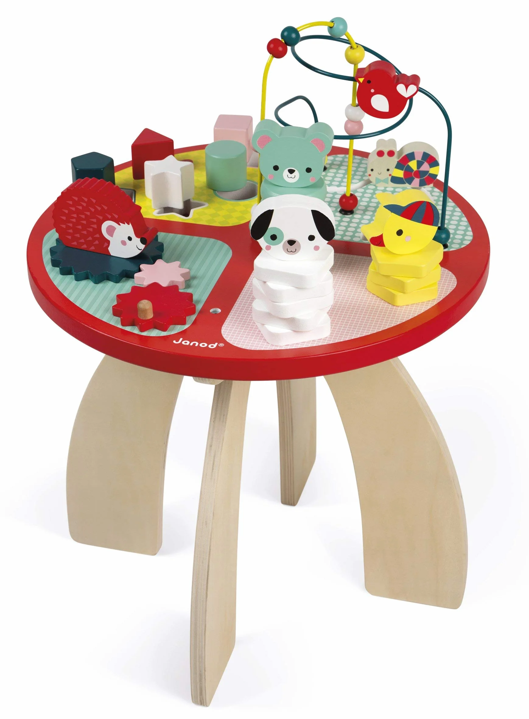 Janod Wooden Activity Table ‘Baby Forest’ - Large Early Learning Centre for Stacking, Dexterity with Maze, Cubes, Gear System and 3 Wooden Animals - From 1 Year Old, J08018