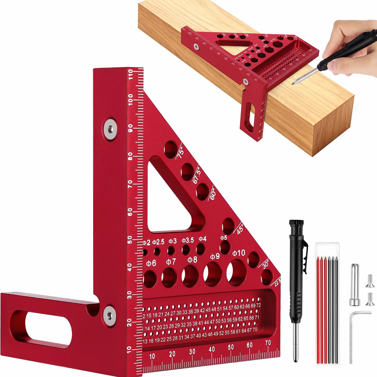 Flintronic Kwadrat stolarski 3D, linijka pomiarowa kątowa ze stopu aluminium 22,5–90 stopni, 110 mm, wysoka precyzja, kwadratowa, z długopisami do obróbki drewna, dla inżynierów, stolarzy, czerwona