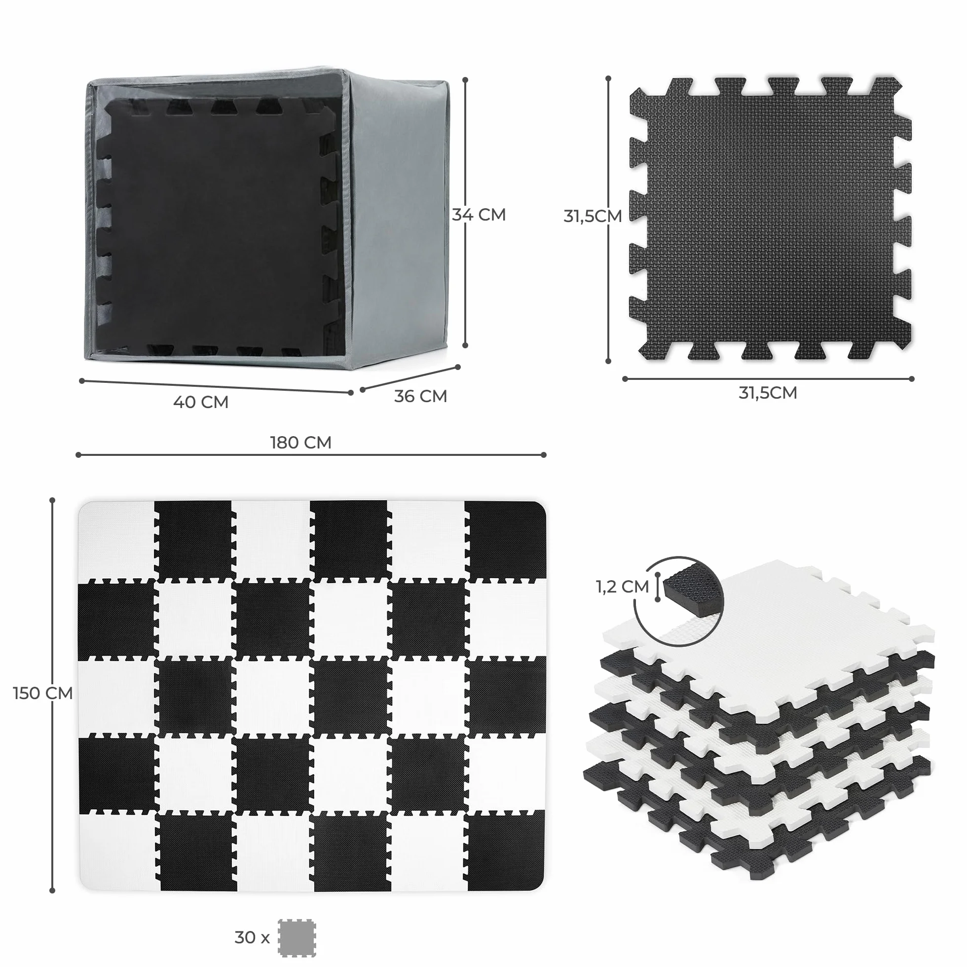 Kinderkraft Mata piankowa LUNO, Wielofunkcyjna, Puzzle 30 elementów, Wodoodporna, Izolacja od podłogi, Antypoślizgowa powierzchnia, Łatwe czyszczenie, Torba do transportu w zestawie, Czarno Biały